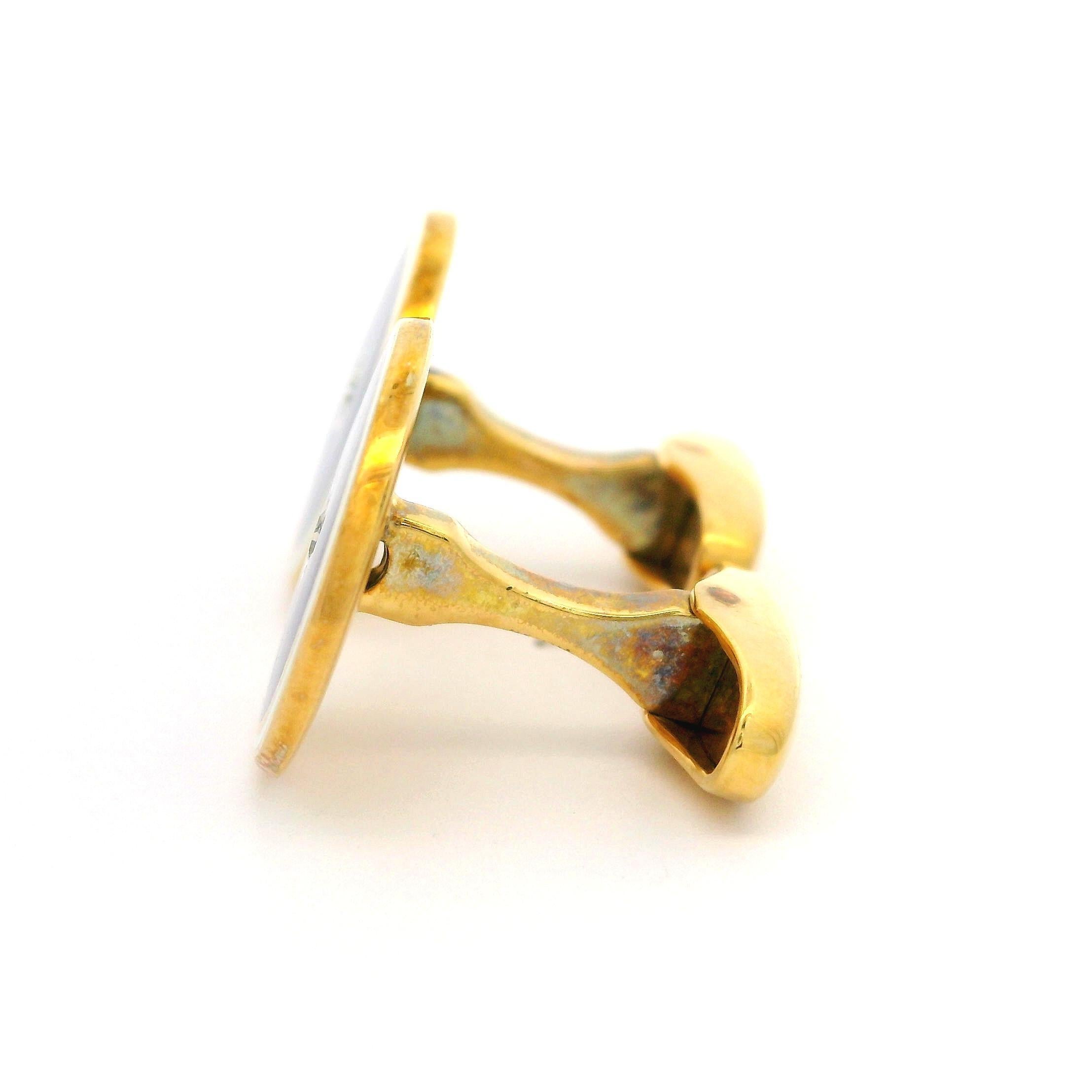Men's 14k Gold Old European Diamond Guilloche Blue & White Enamel Round Cufflinks