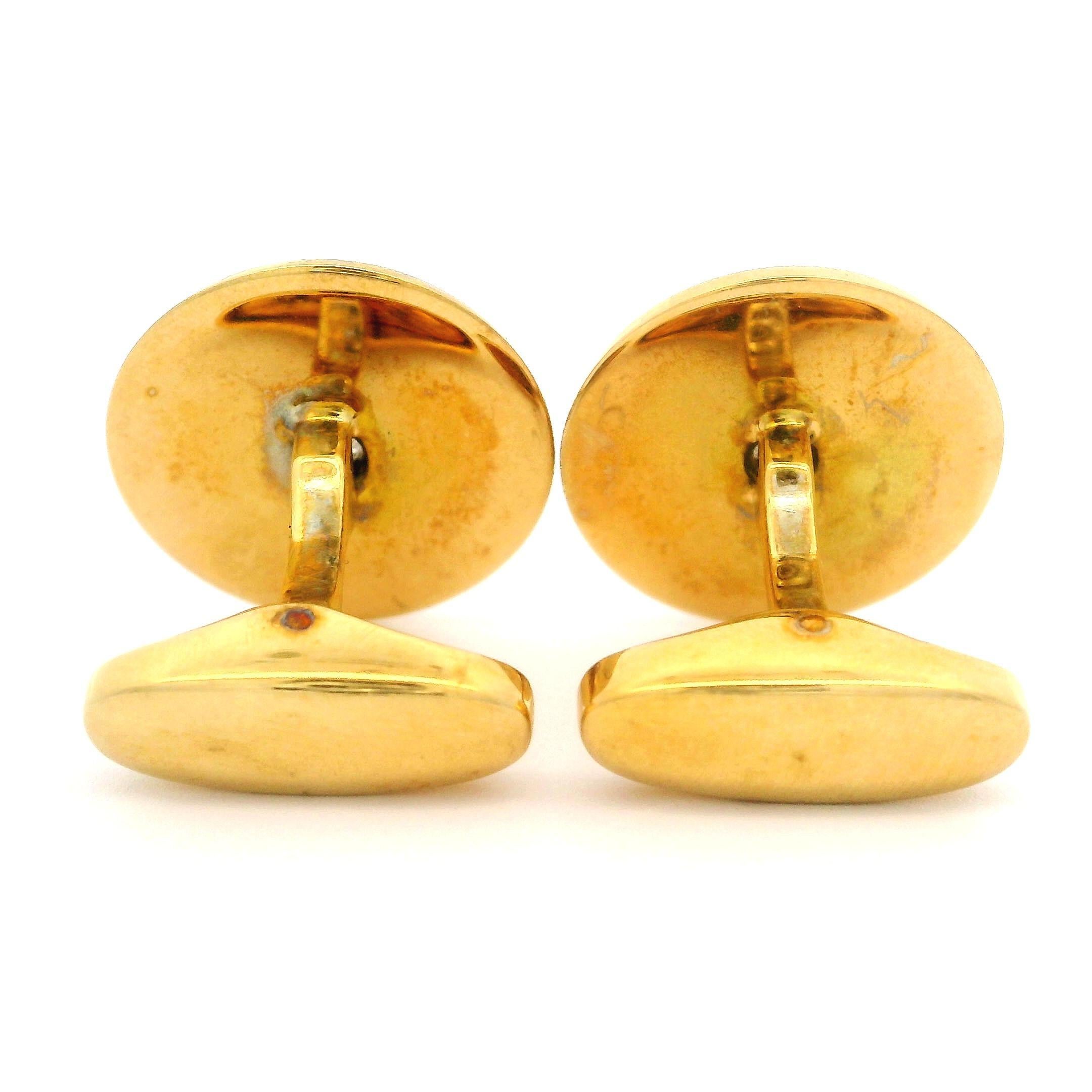 14k Gold Old European Diamond Guilloche Blue & White Enamel Round Cufflinks 1