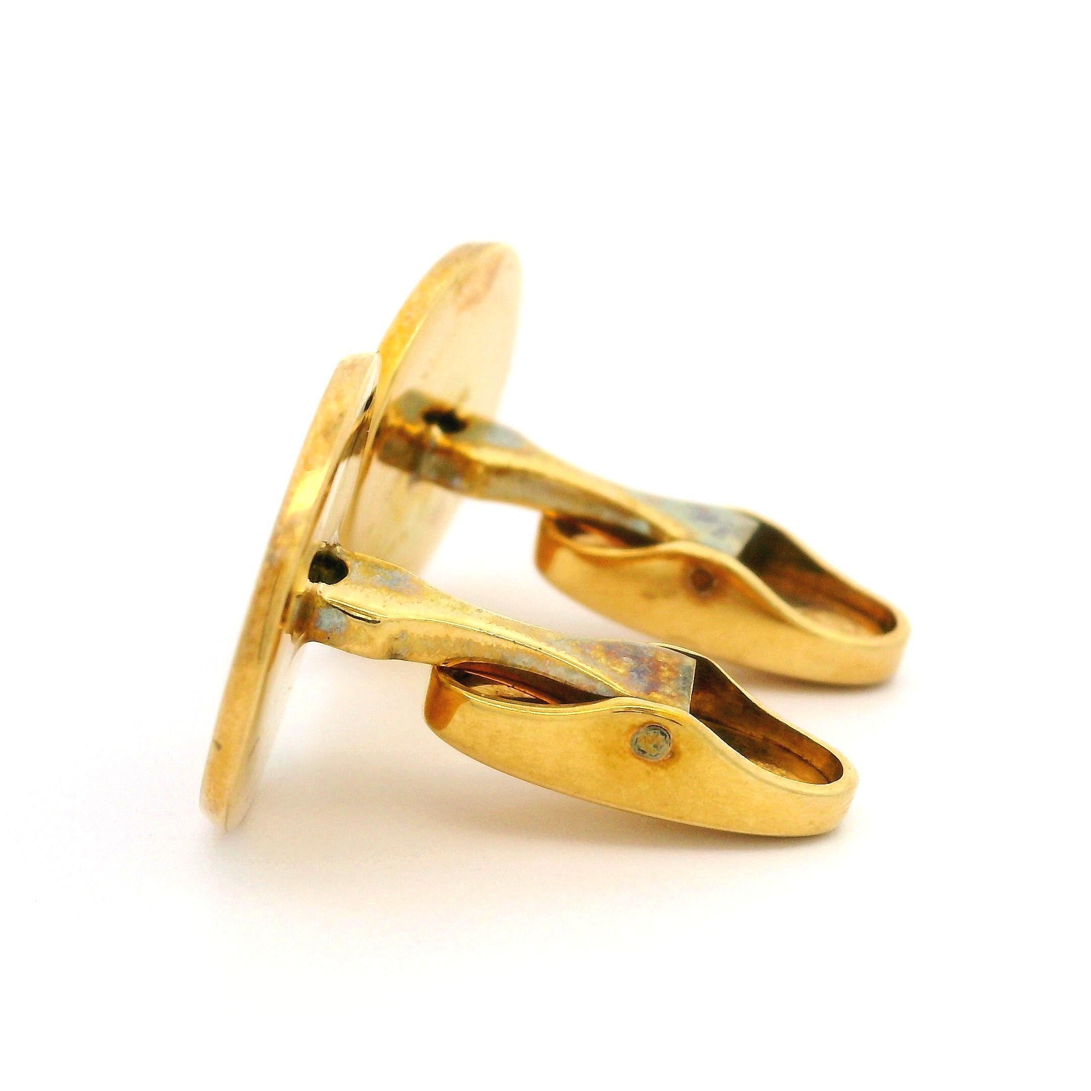 14k Gold Old European Diamond Guilloche Blue & White Enamel Round Cufflinks 2