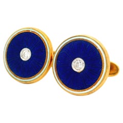 14k Gold Old European Diamond Guilloche Blue & White Enamel Round Cufflinks