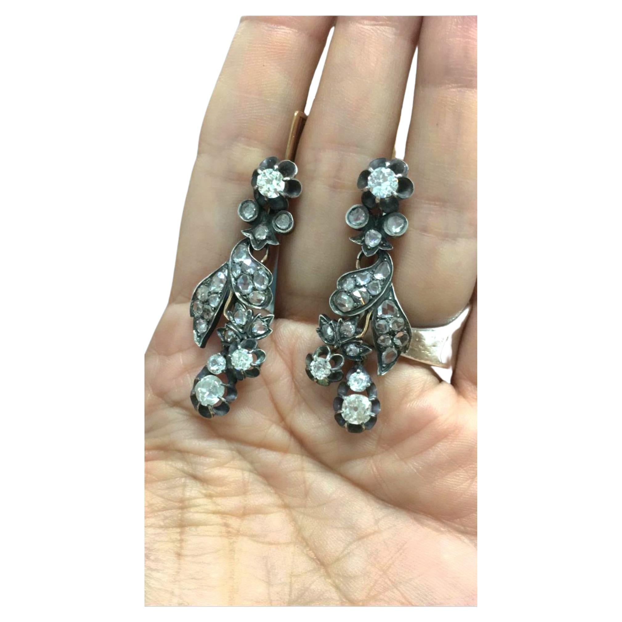 Women's  Old Mine Cut Diamond Gold Earrings For Sale