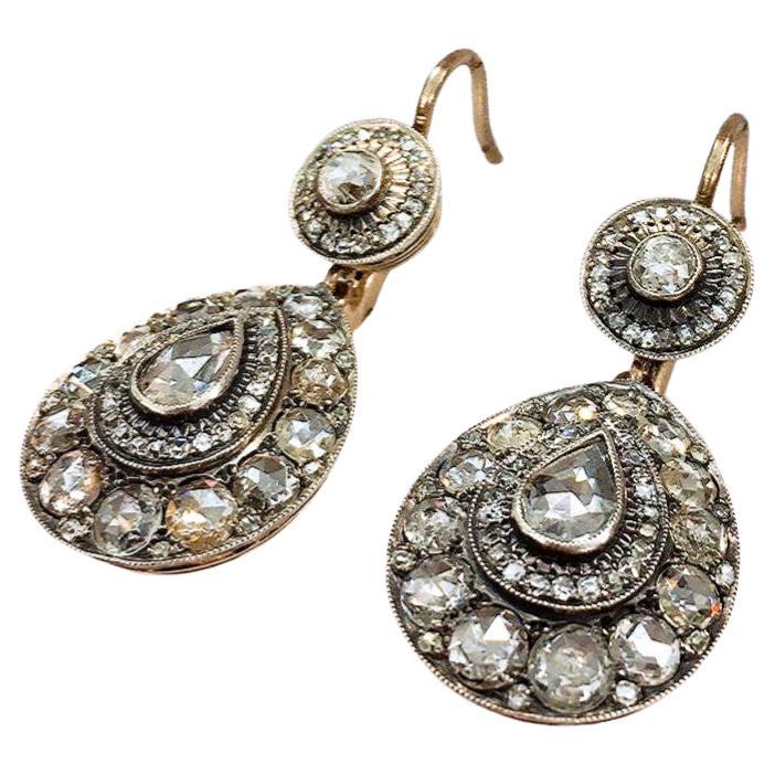 Women's  Old Mine Cut Diamond Gold Earrings For Sale