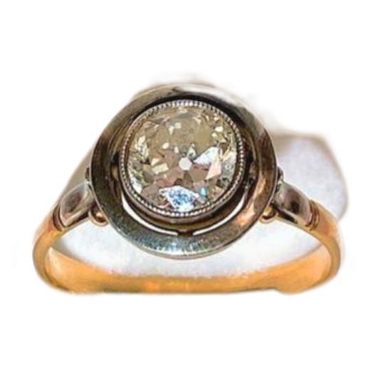 14k gold ring in solitair style centered with 1 old mine cut diamond with estimate weight of 1.20 carats H colour white vs clearity in 2 tone colour ring setting white and yellow gold 