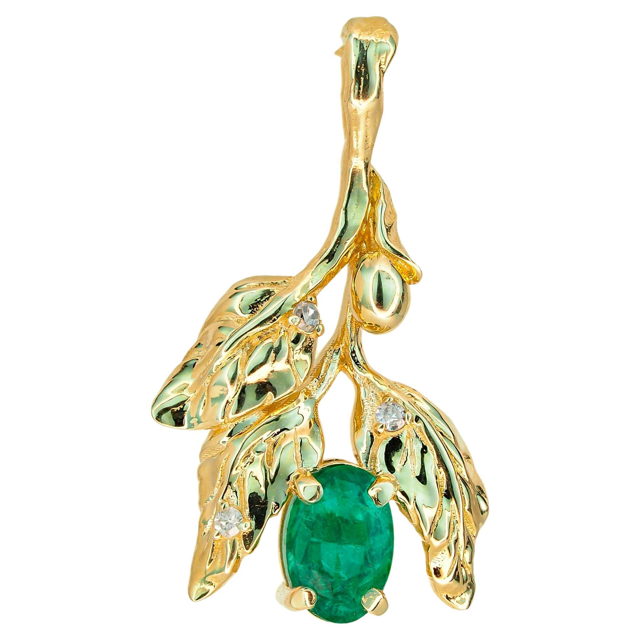Oliven-Anhänger aus 14 Karat Gold mit Smaragd und Diamanten im Angebot