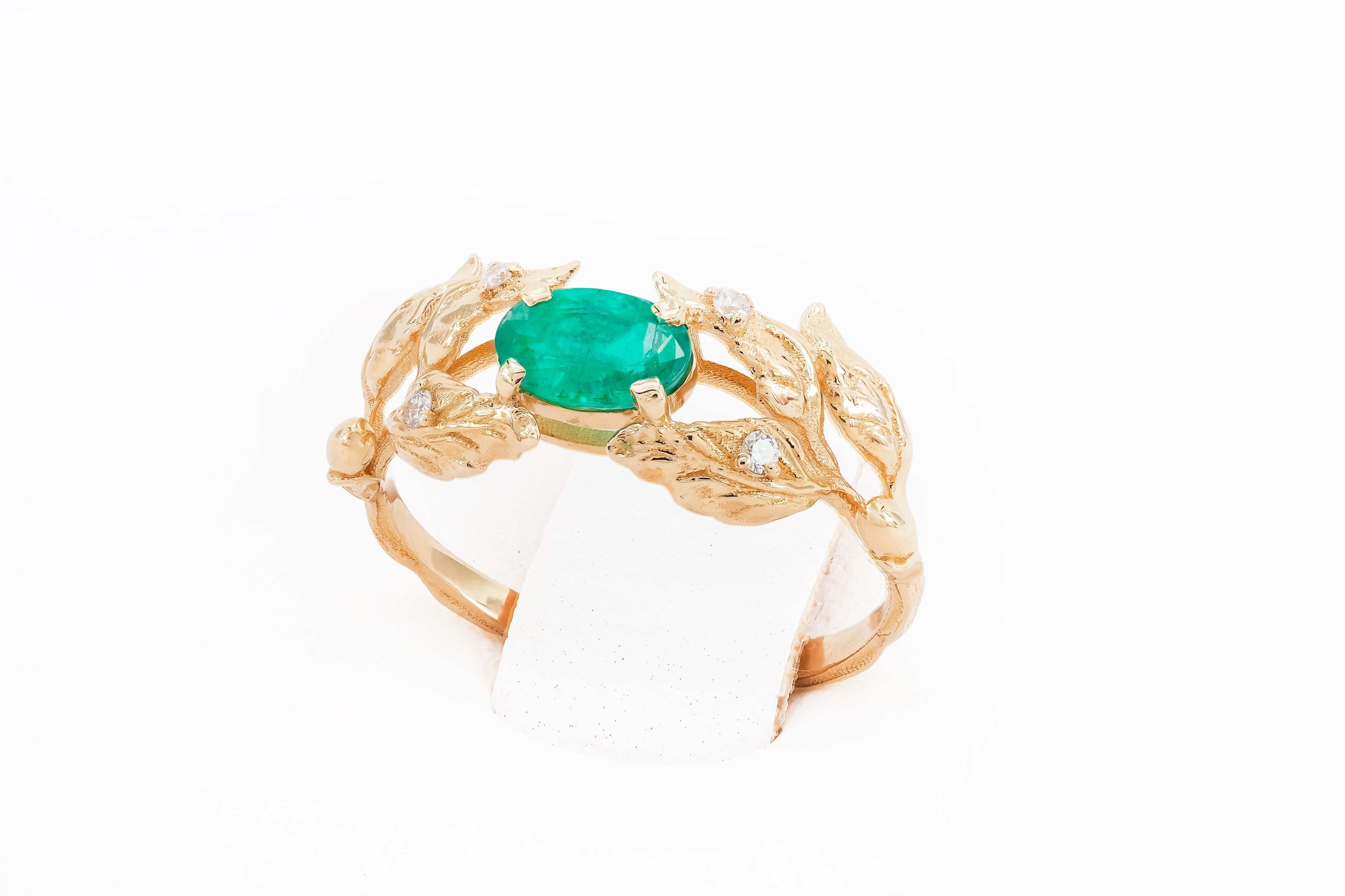 For Sale:  14 Karat Gold Olive Tree Ring with Emerald and Diamonds. 4