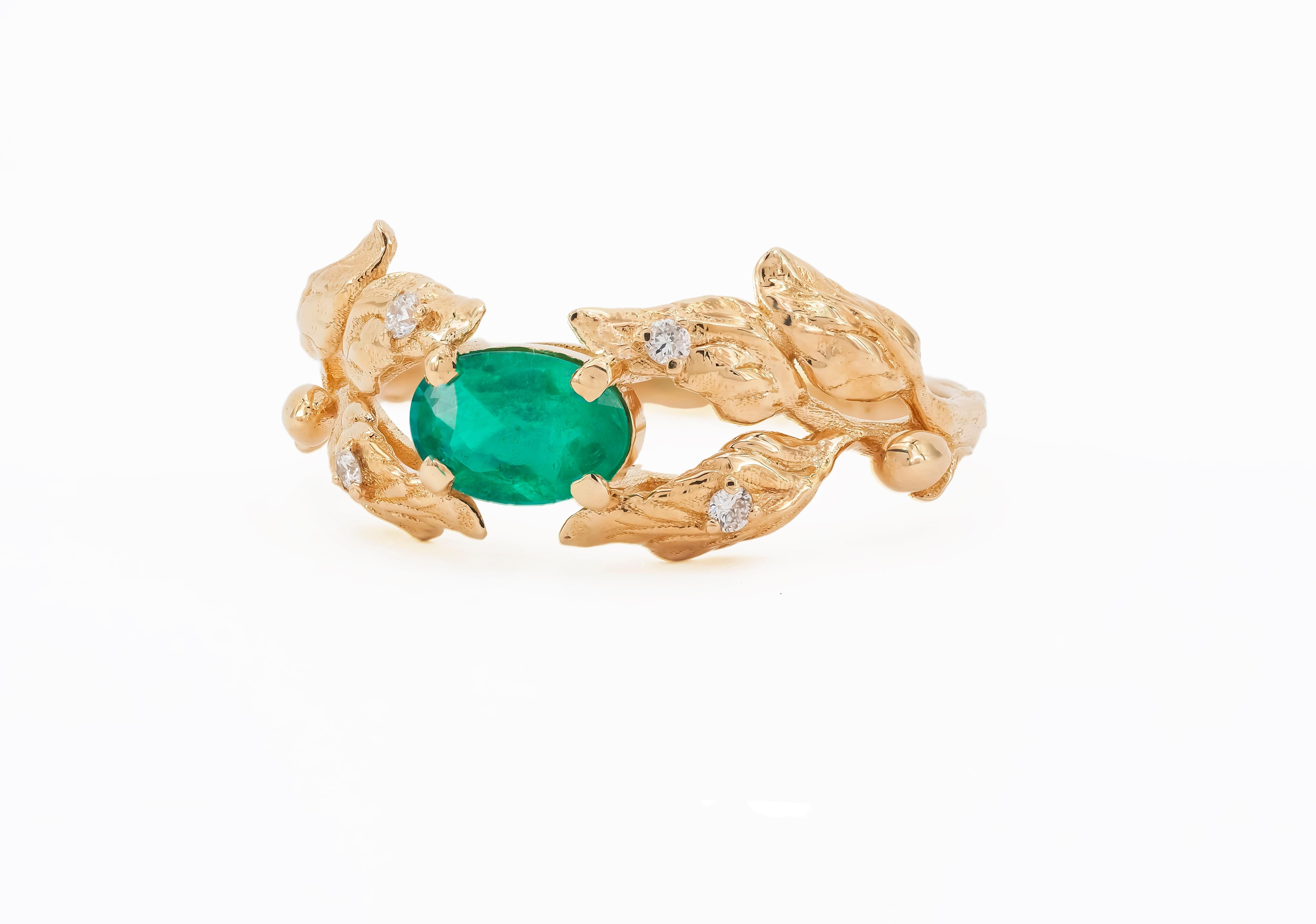 For Sale:  14 Karat Gold Olive Tree Ring with Emerald and Diamonds. 7