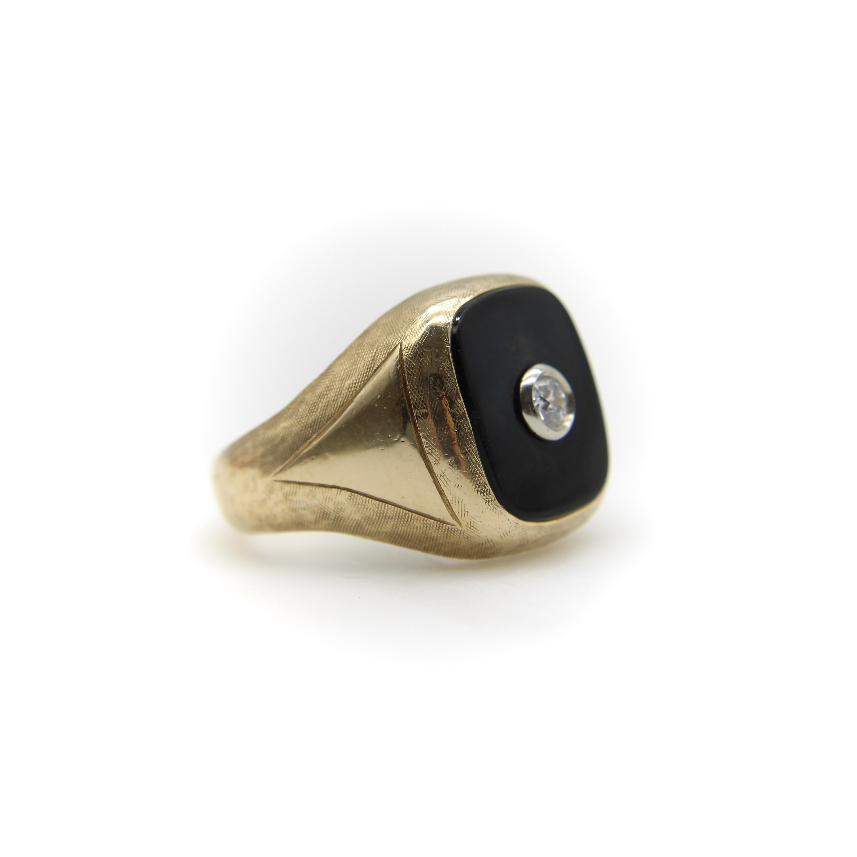 Art Deco 14K Gold Onyx and Diamond Signet Ring  For Sale