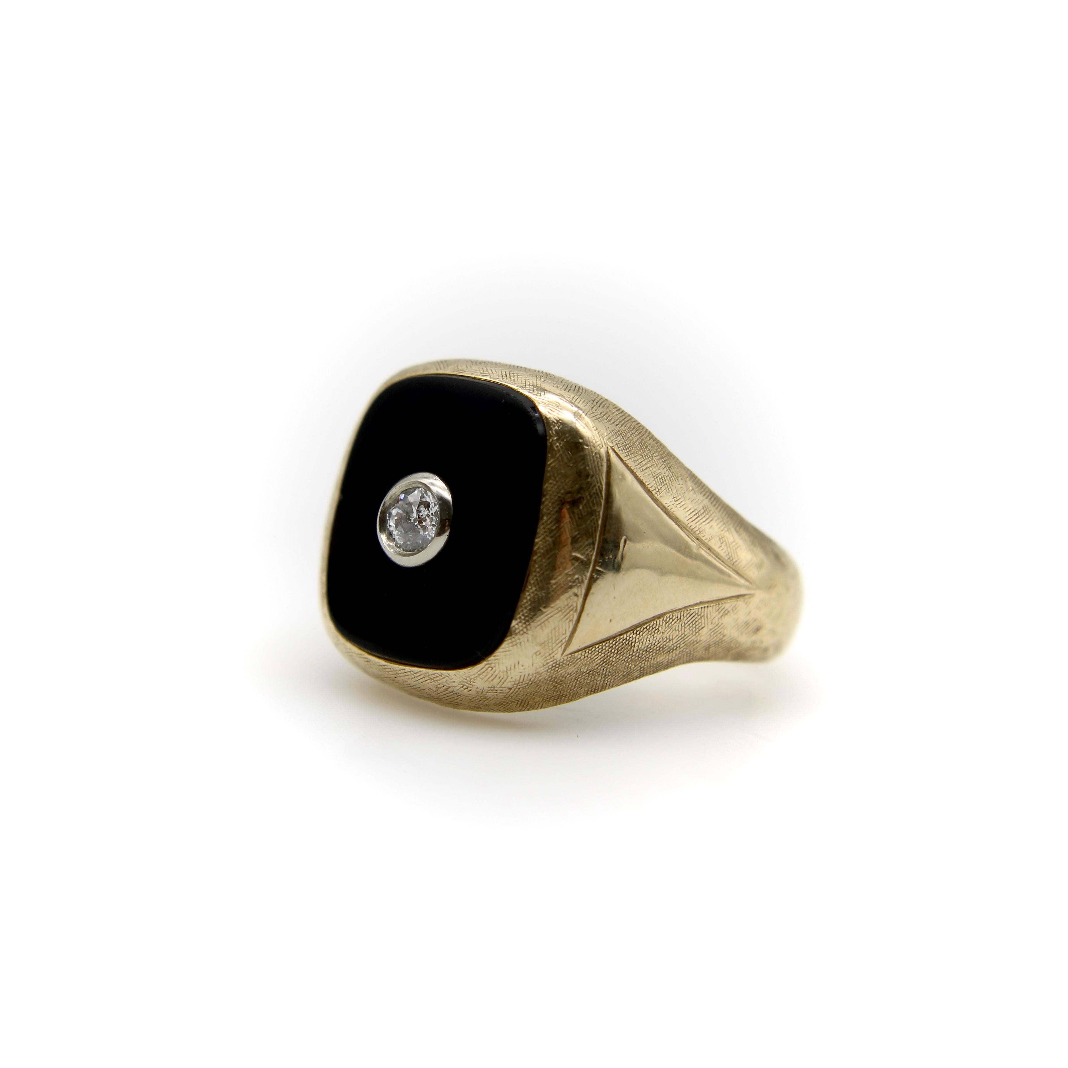 Women's or Men's 14K Gold Onyx and Diamond Signet Ring  For Sale