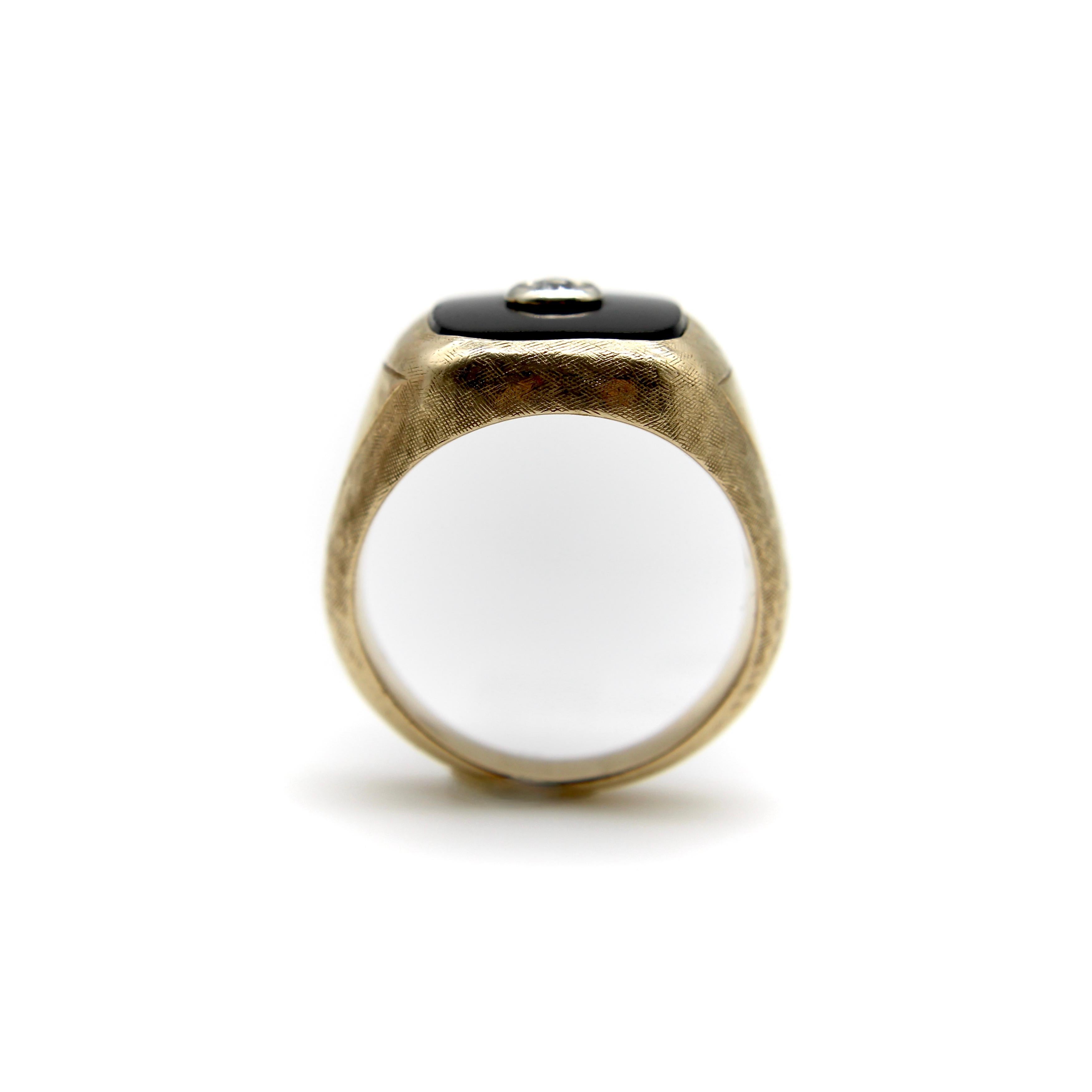 14K Gold Onyx and Diamond Signet Ring  For Sale 2
