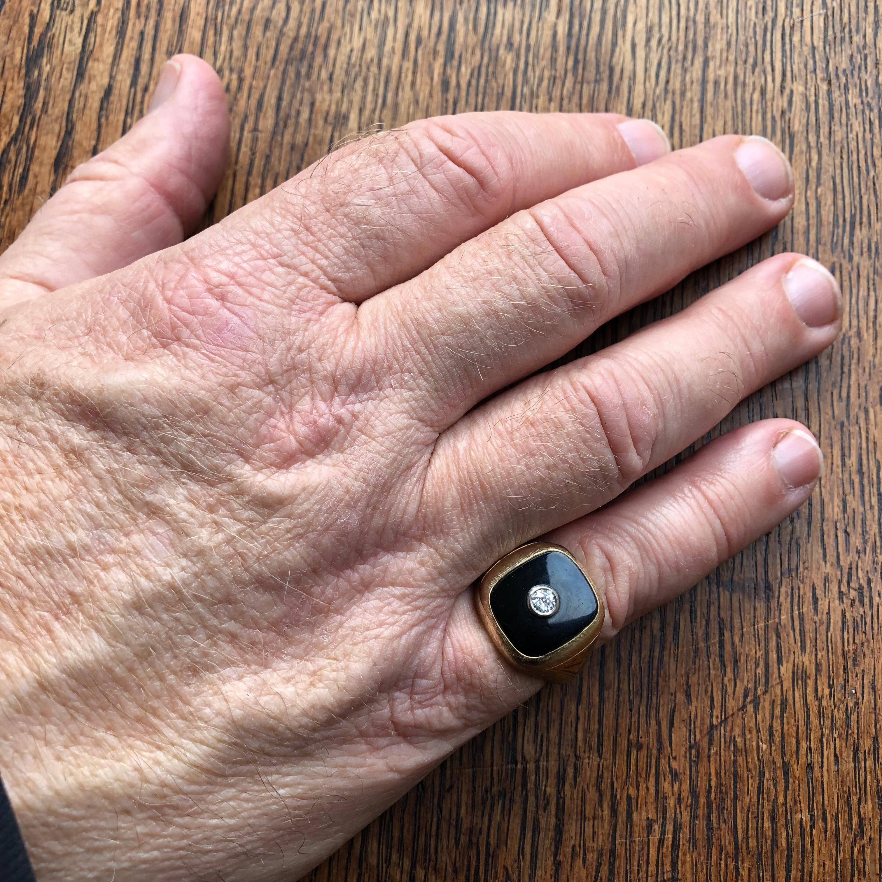 14K Gold Onyx and Diamond Signet Ring  For Sale 3