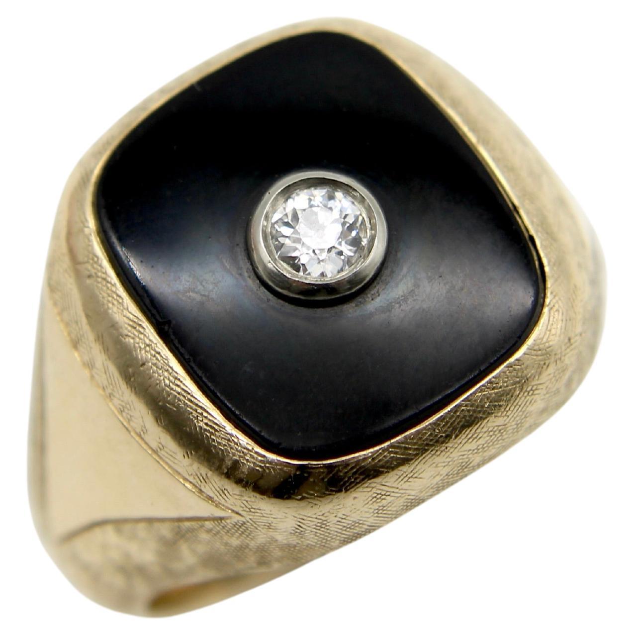 14K Gold Onyx and Diamond Signet Ring 
