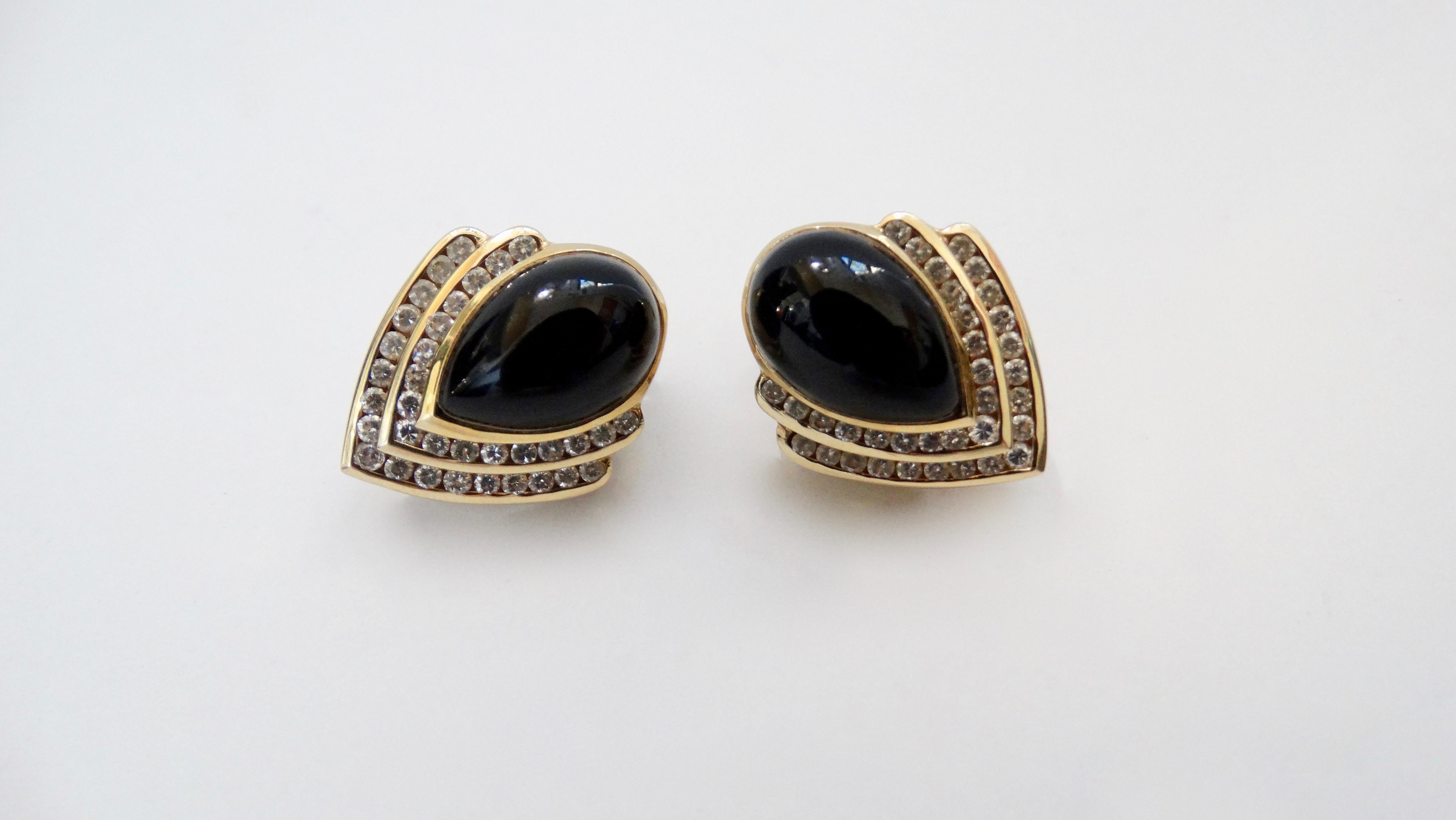 Onyx Teardrop Earrings and Ring with Diamonds 14k Gold For Sale 3