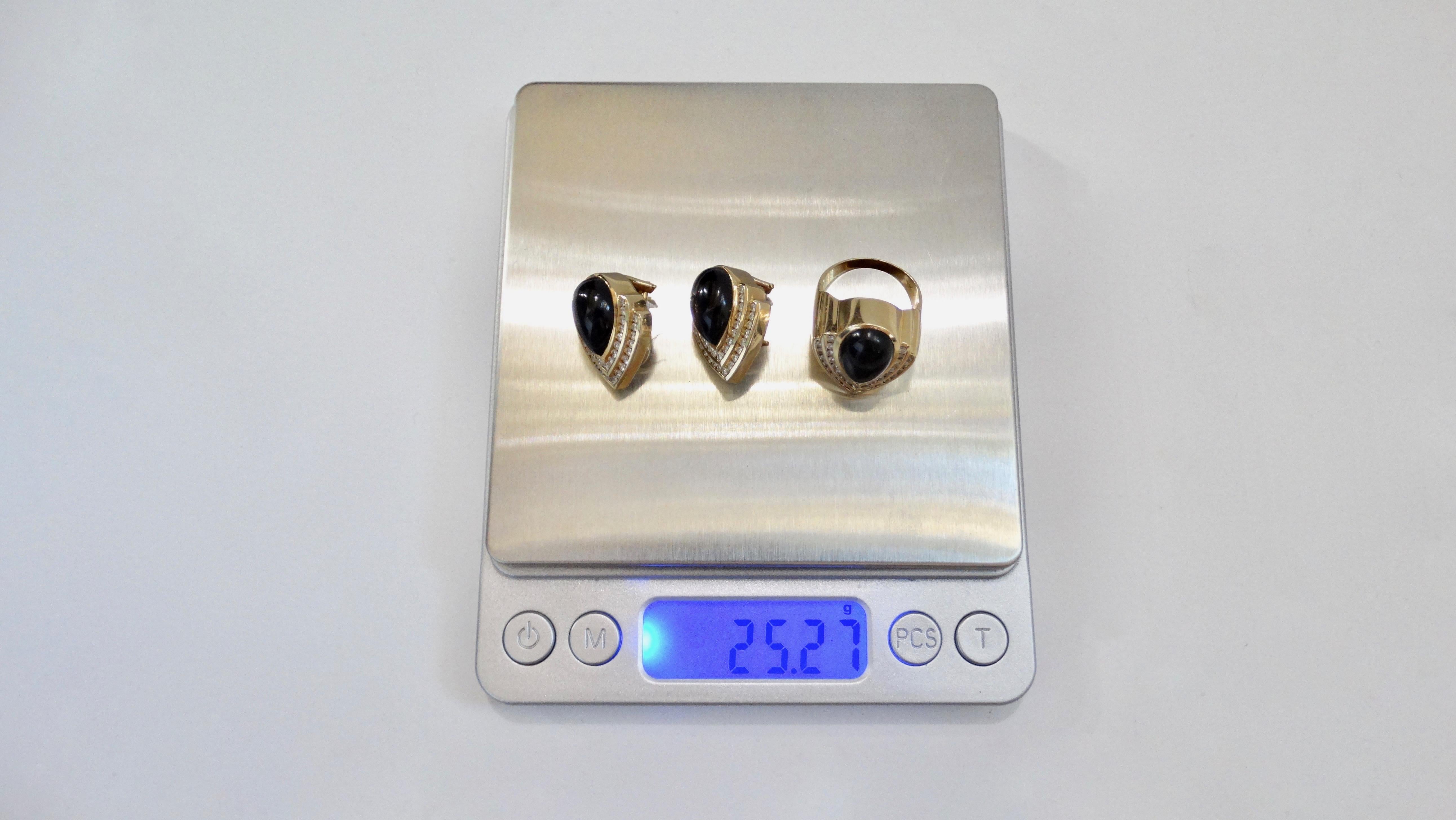 Onyx Tropfenohrringe und Ring mit Diamanten 14k Gold im Angebot 7