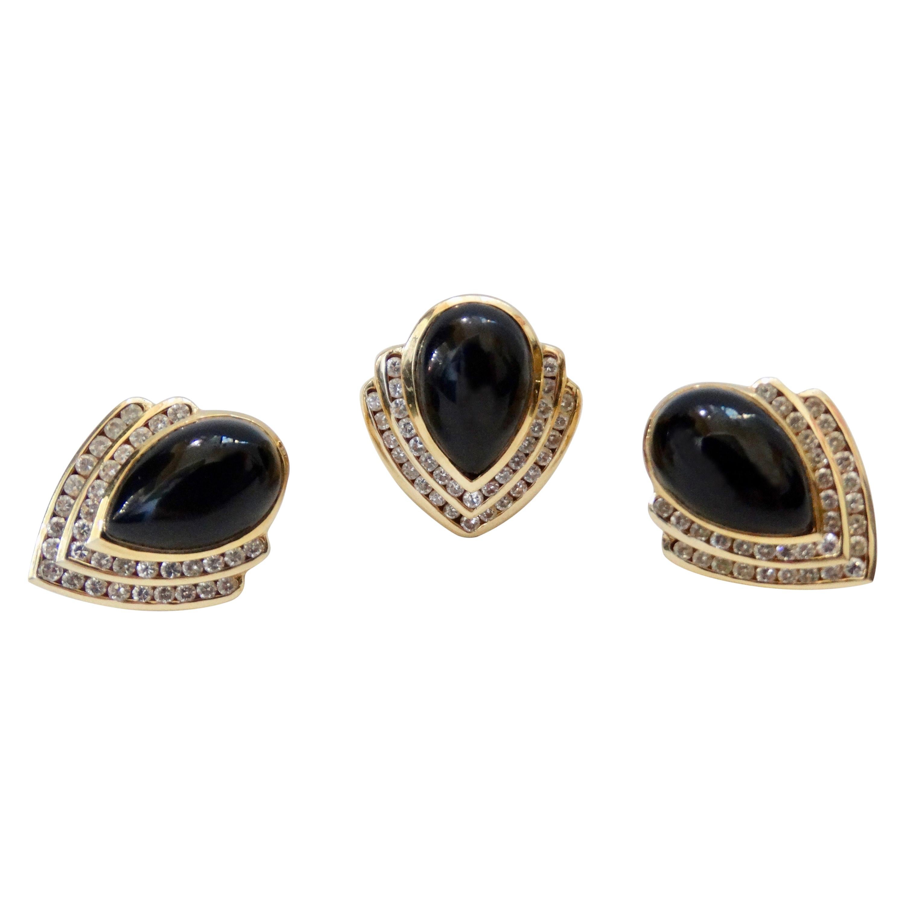 Onyx Teardrop Earrings and Ring with Diamonds 14k Gold