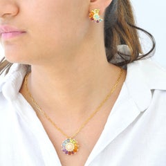 14K Gold Opal Diamond Taper Rainbow Gemstone Ferris Wheel Pendant Earrings Set