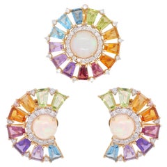 14K Gold Opal Diamond Taper Rainbow Gemstone Ferris Wheel Pendant Earrings Set