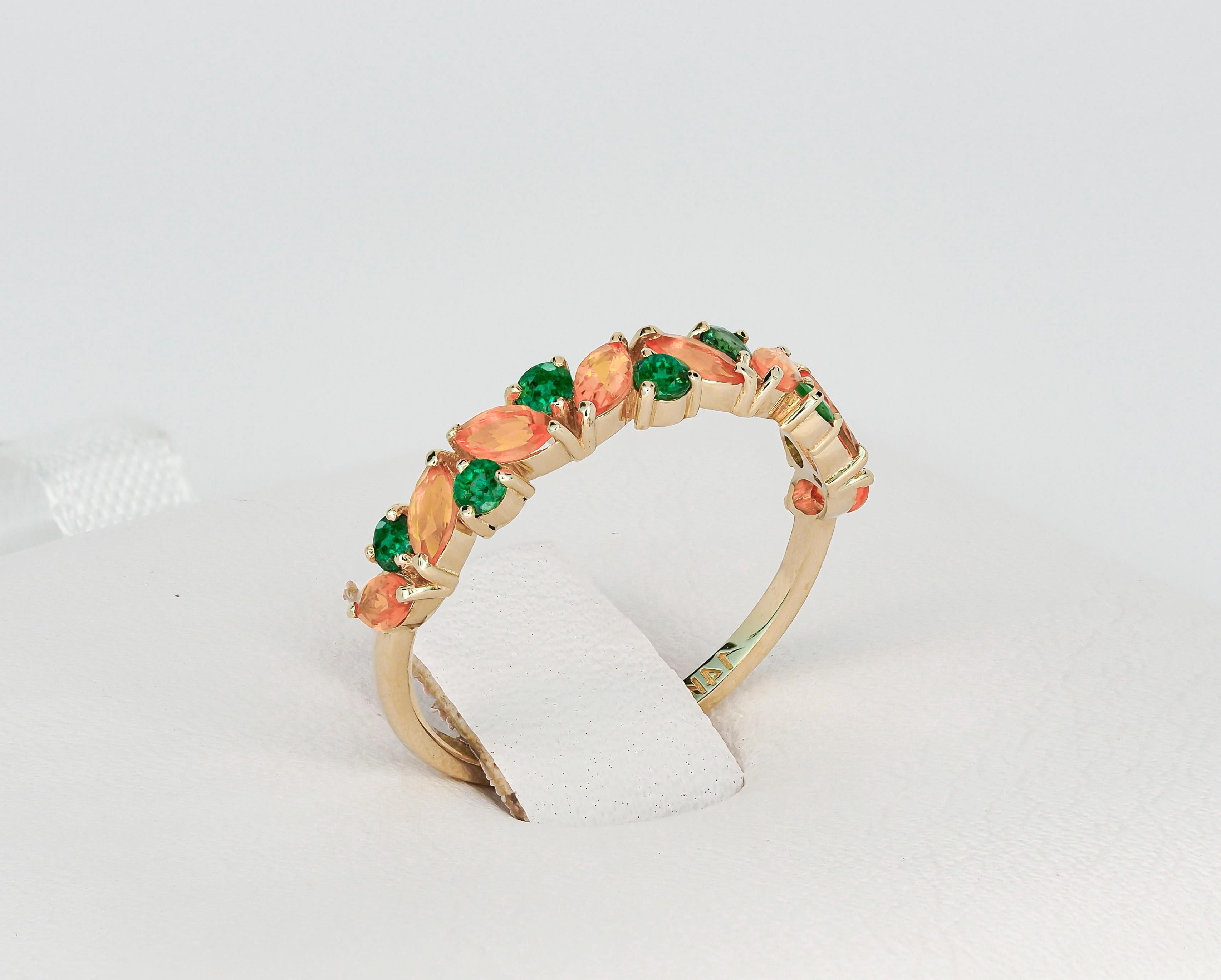 En venta: Anillo media eternidad ópalo y esmeralda oro 14k  7