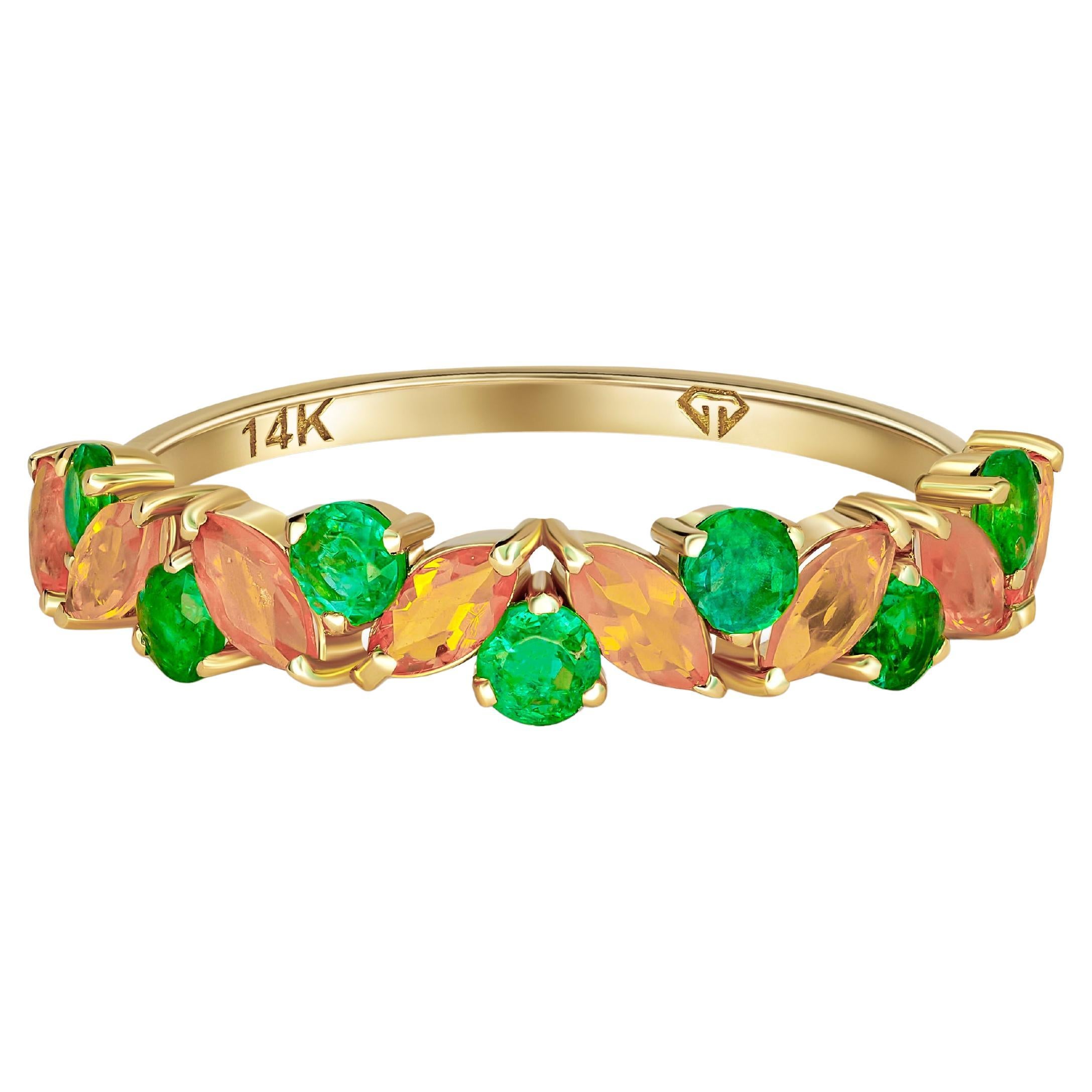En venta: Anillo media eternidad ópalo y esmeralda oro 14k