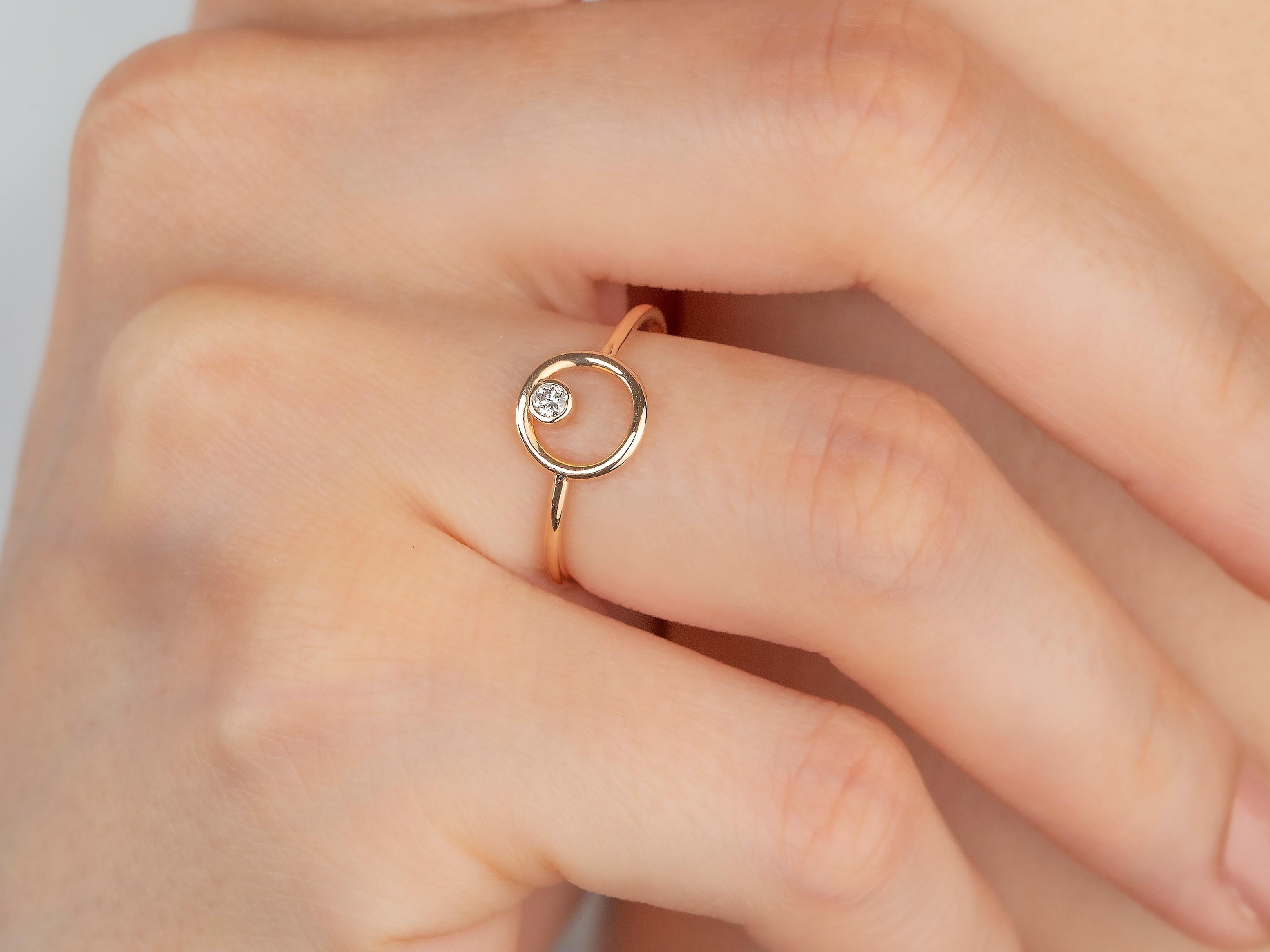 14K Gold Open Circle Ring with Diamond, 14K Gold 0.05 Carat Diamond Karma Ring 2