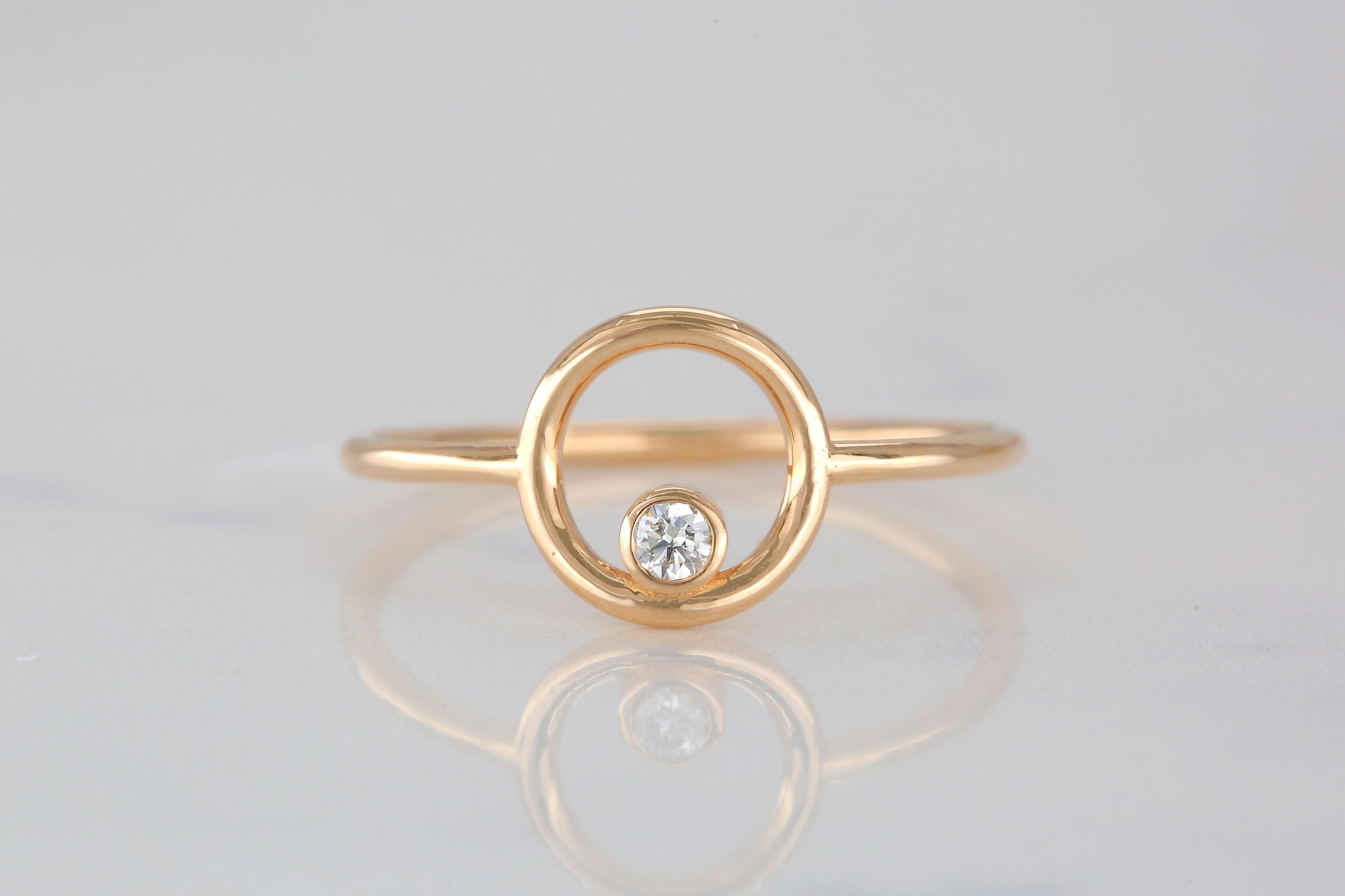 For Sale:  14K Gold Open Circle Ring with Diamond, 14K Gold 0.05 Carat Diamond Karma Ring 7