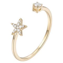 Open Star Pave Solitaire Round Diamond 14K Yellow Gold Ring