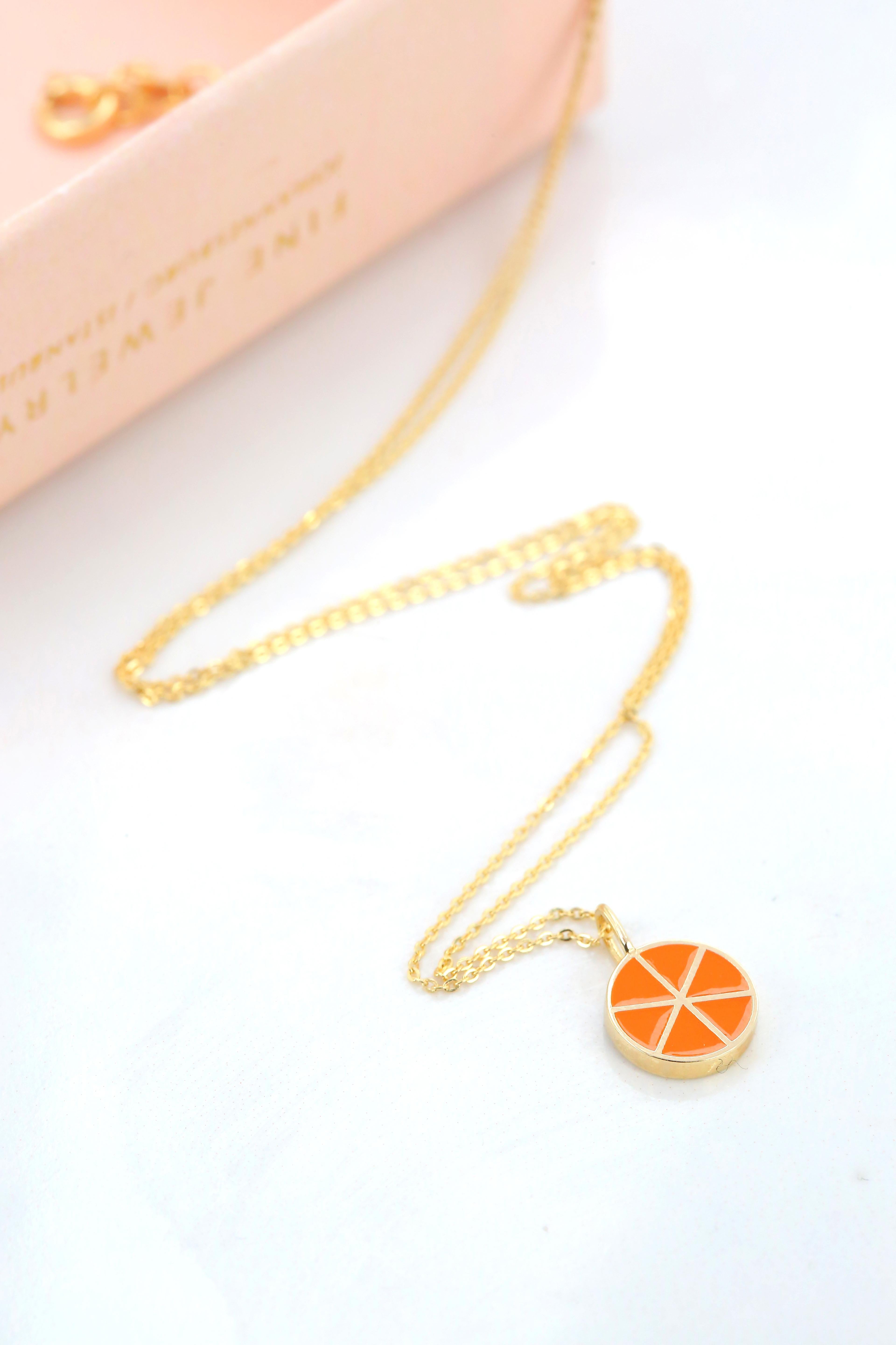 Modern 14K Gold Orange Necklace, Enamel Fruit Necklace For Sale