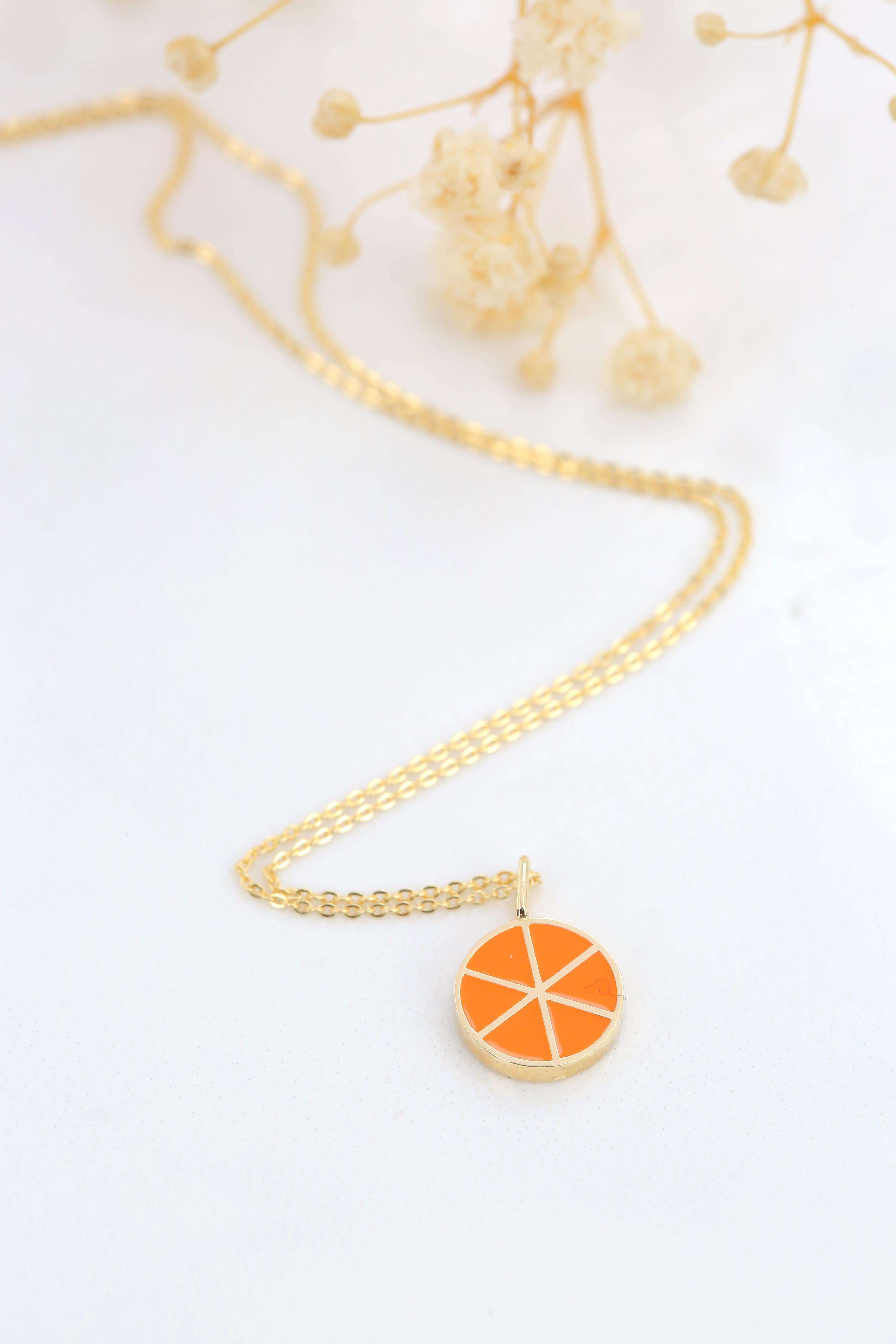 14K Gold Orange Necklace, Enamel Fruit Necklace In New Condition For Sale In ISTANBUL, TR