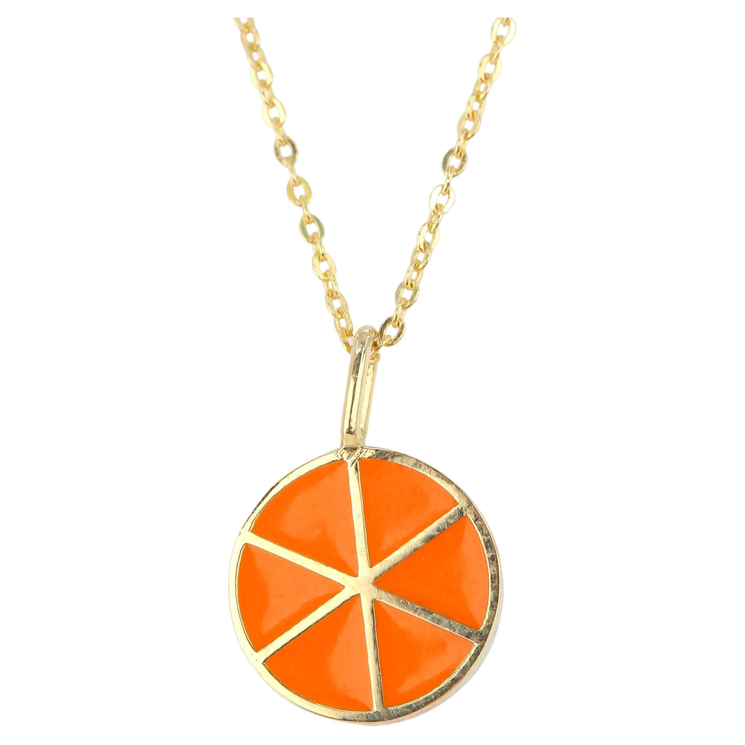 14K Gold Orange Necklace, Enamel Fruit Necklace