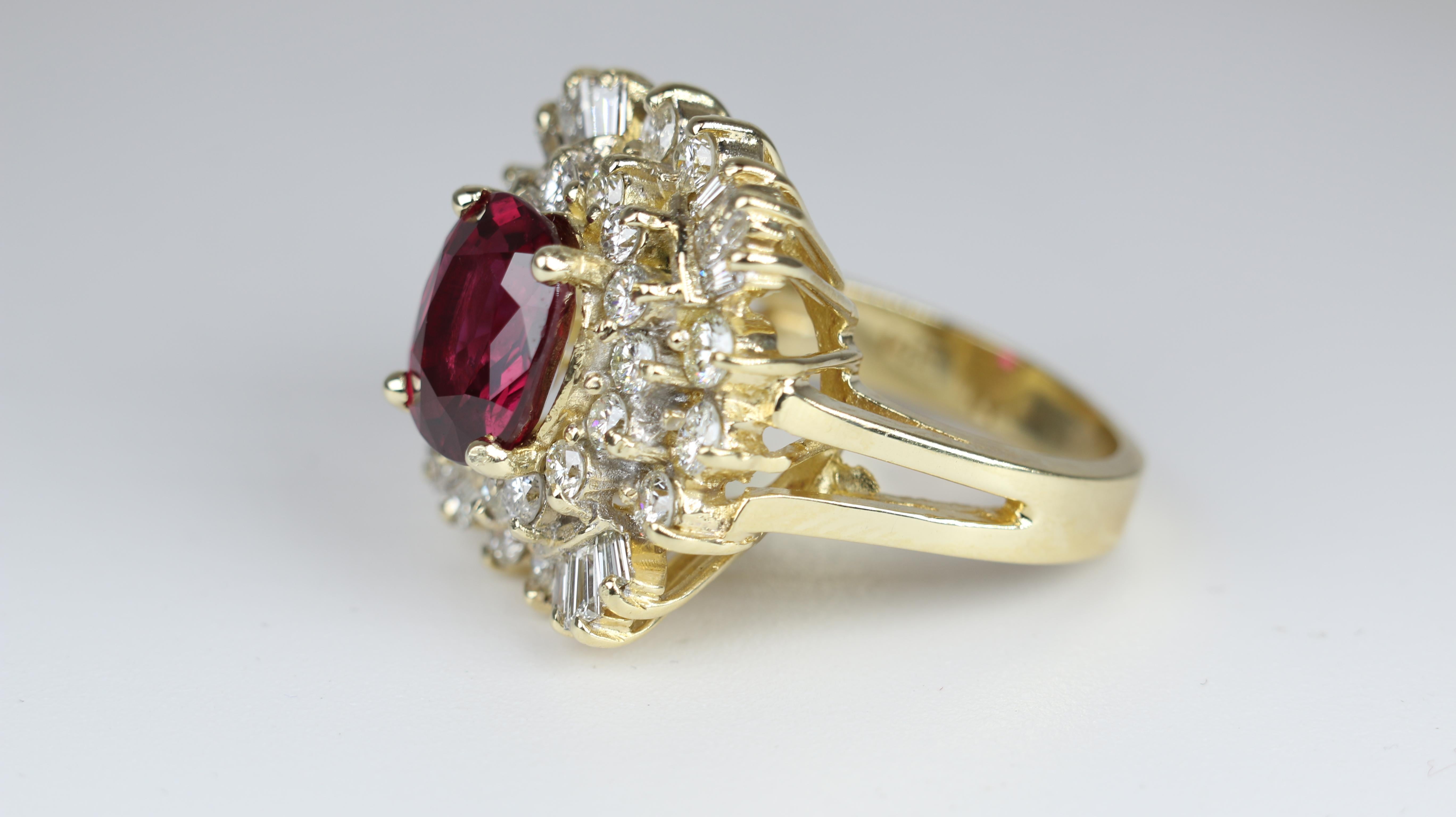 Rare Burmese Ruby and Diamond Ring set in 14k Yellow Gold. 
RUBY: 8.5mm diameter, 10.5mm length
Marked 14k dbs
Size 6.75
