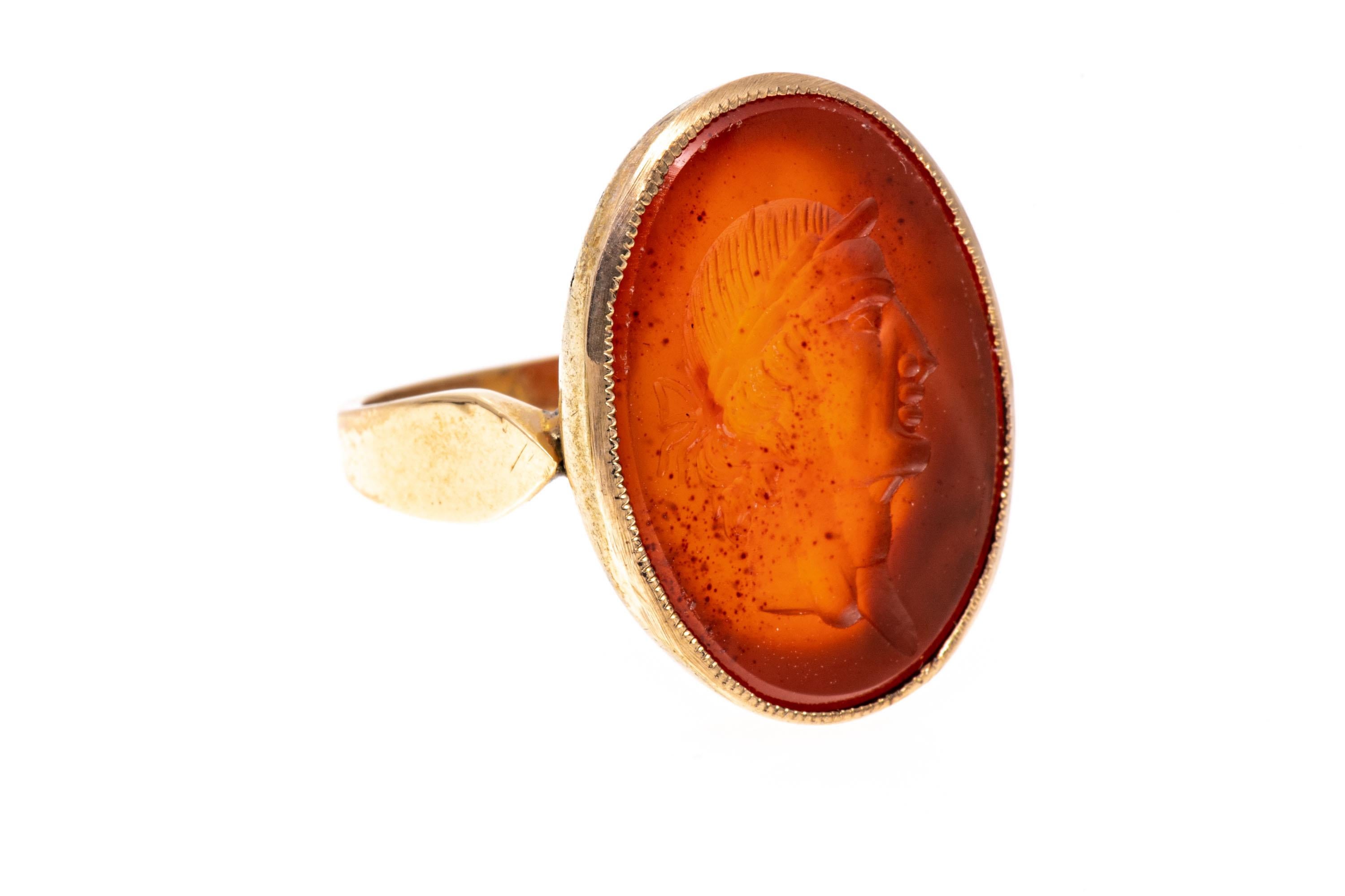 Oval Cut 14k Gold Oval Carnelian Greco-Roman Solider Intaglio Ring For Sale
