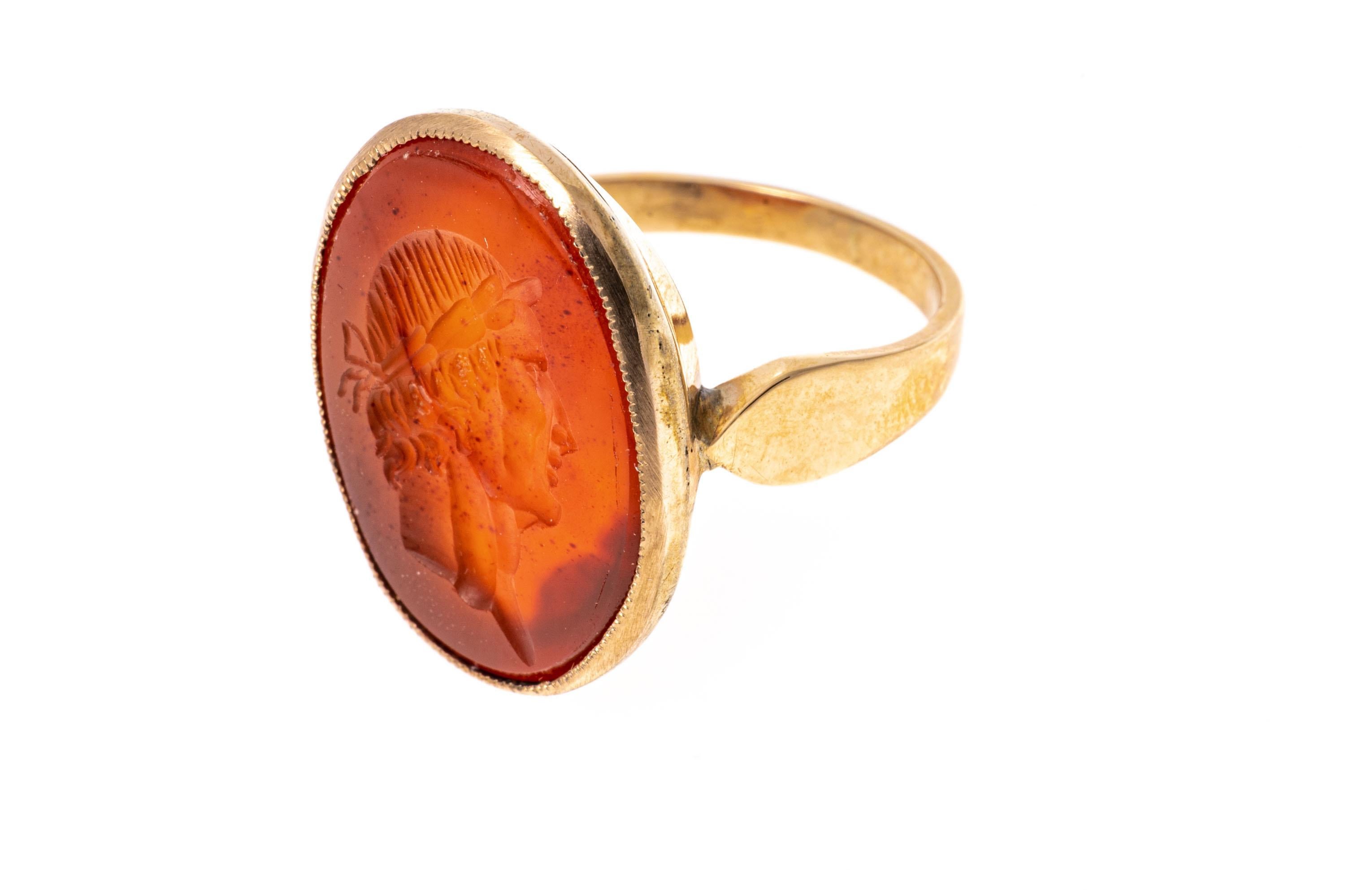 Women's 14k Gold Oval Carnelian Greco-Roman Solider Intaglio Ring For Sale
