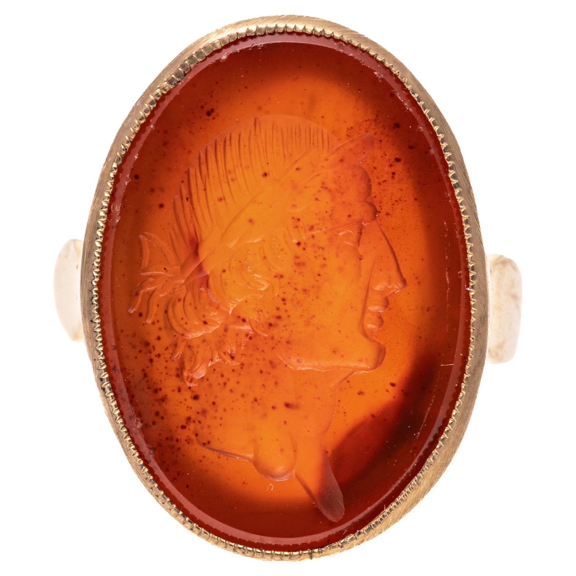 14k Gold Oval Carnelian Greco-Roman Solider Intaglio Ring