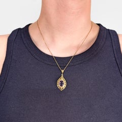 14K Gold, Oval Cut Amethyst & Seed Pearl Etruscan Revival Style Pendant