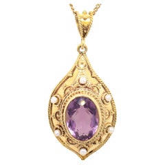 14K Gold, Oval Cut Amethyst & Seed Pearl Etruscan Revival Style Pendant