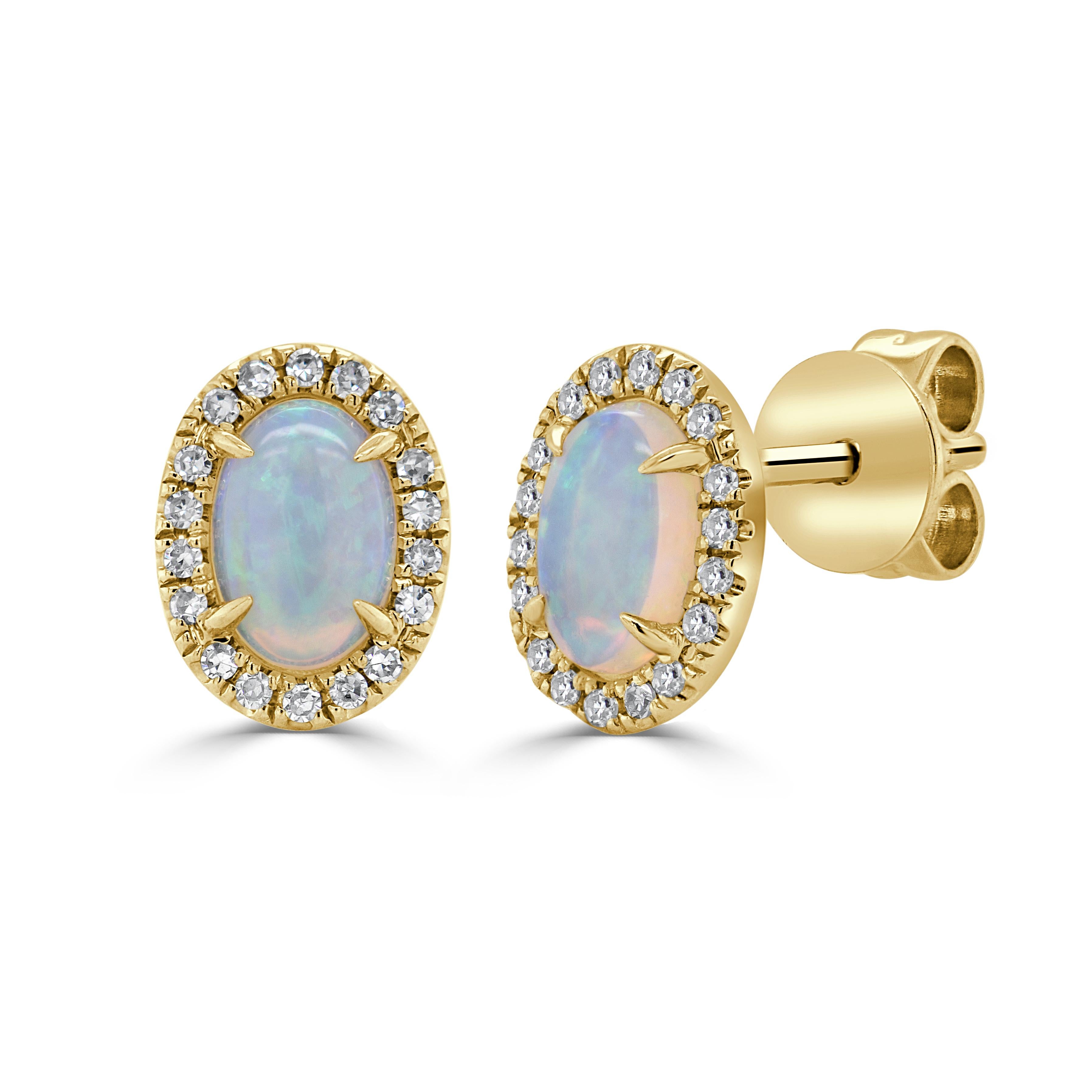 Contemporary 14k Gold Oval Opal & Diamond Earrings For Sale
