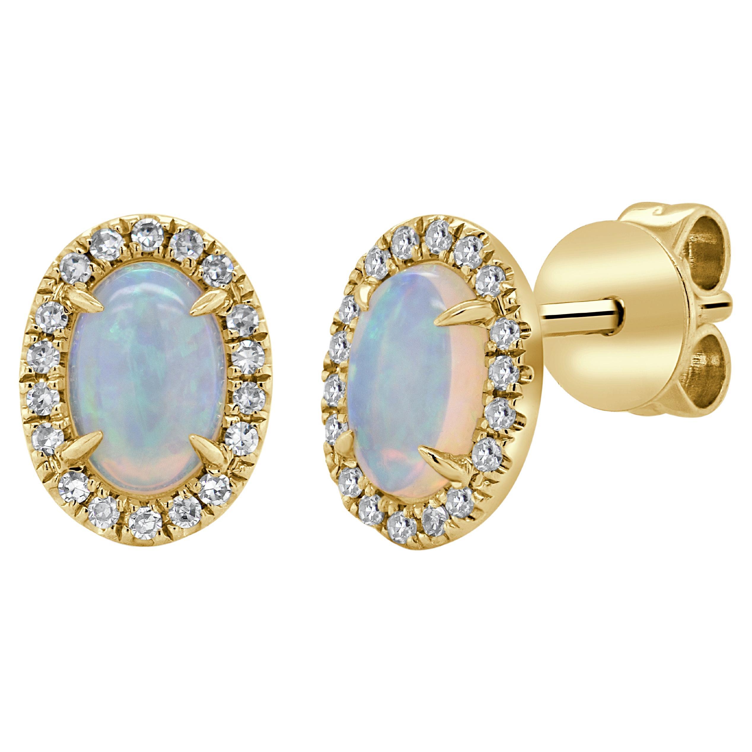 14k Gold Oval Opal & Diamond Earrings For Sale