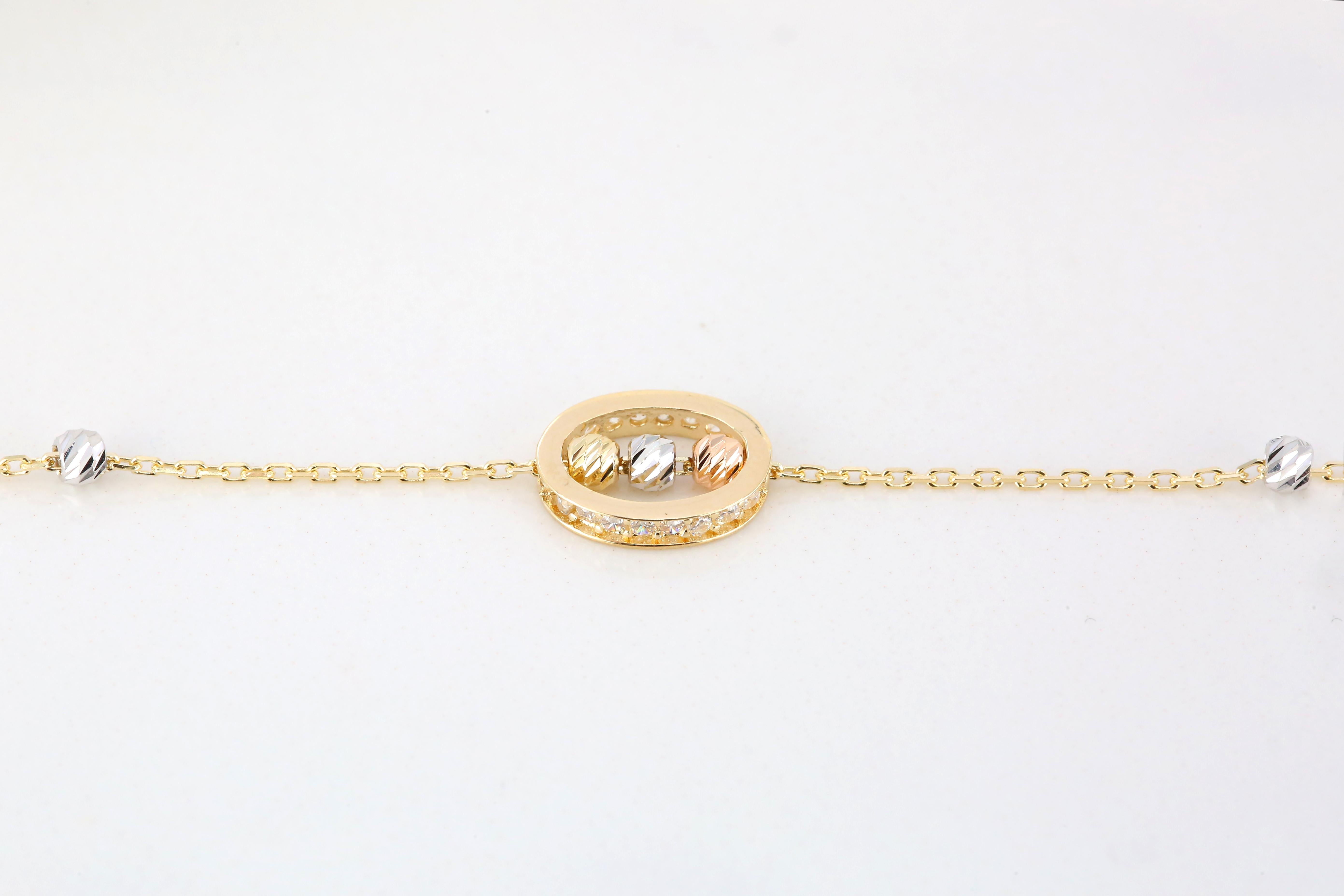 Women's 14K Gold Oval Ring Charm Dainty Beaded Bracelet For Sale