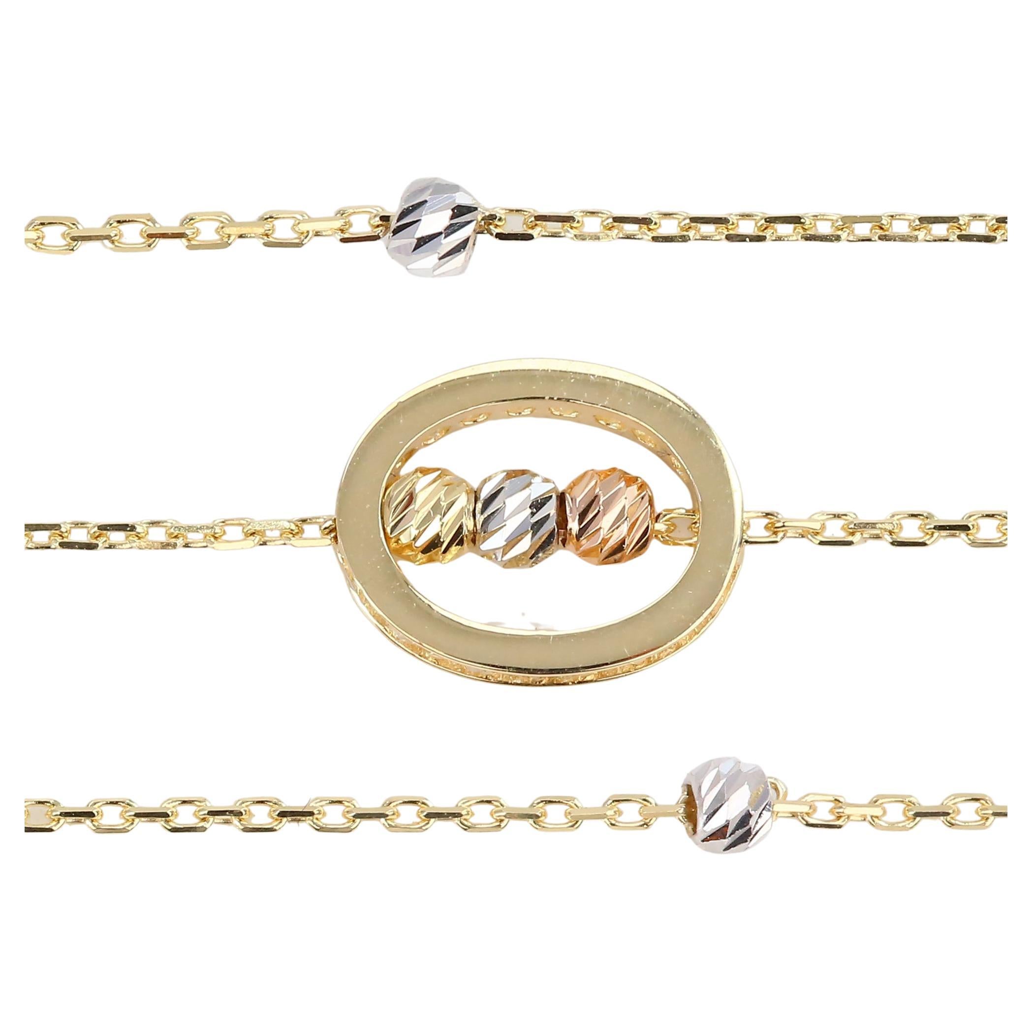14K Gold Oval Ring Charm Dainty Beaded Bracelet