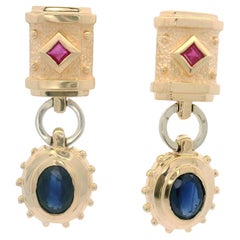 14k Gold Oval Sapphire & Square Ruby Dangle Drop Butterfly Closures Earrings