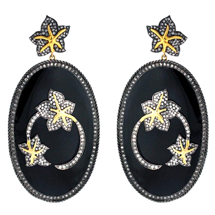 14k Gold Oval Shaped Enamel Earring With Diamond Floral Motif For Sale