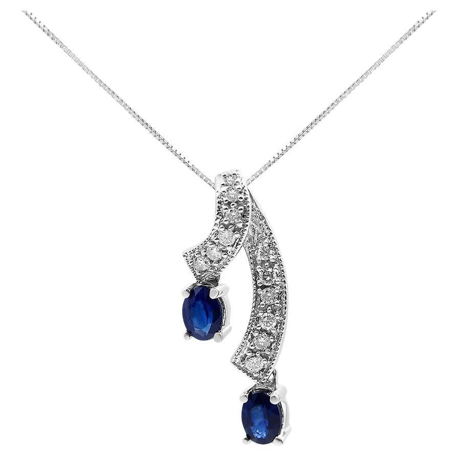 14K Gold Oval Shaped Natural Blue Sapphire and Diamond Accent Pendant Necklace