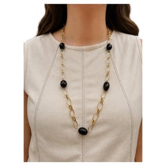 Collana da 30" in oro 14k con quarzo fumé ovale e maglie lucide a cavo intrecciato