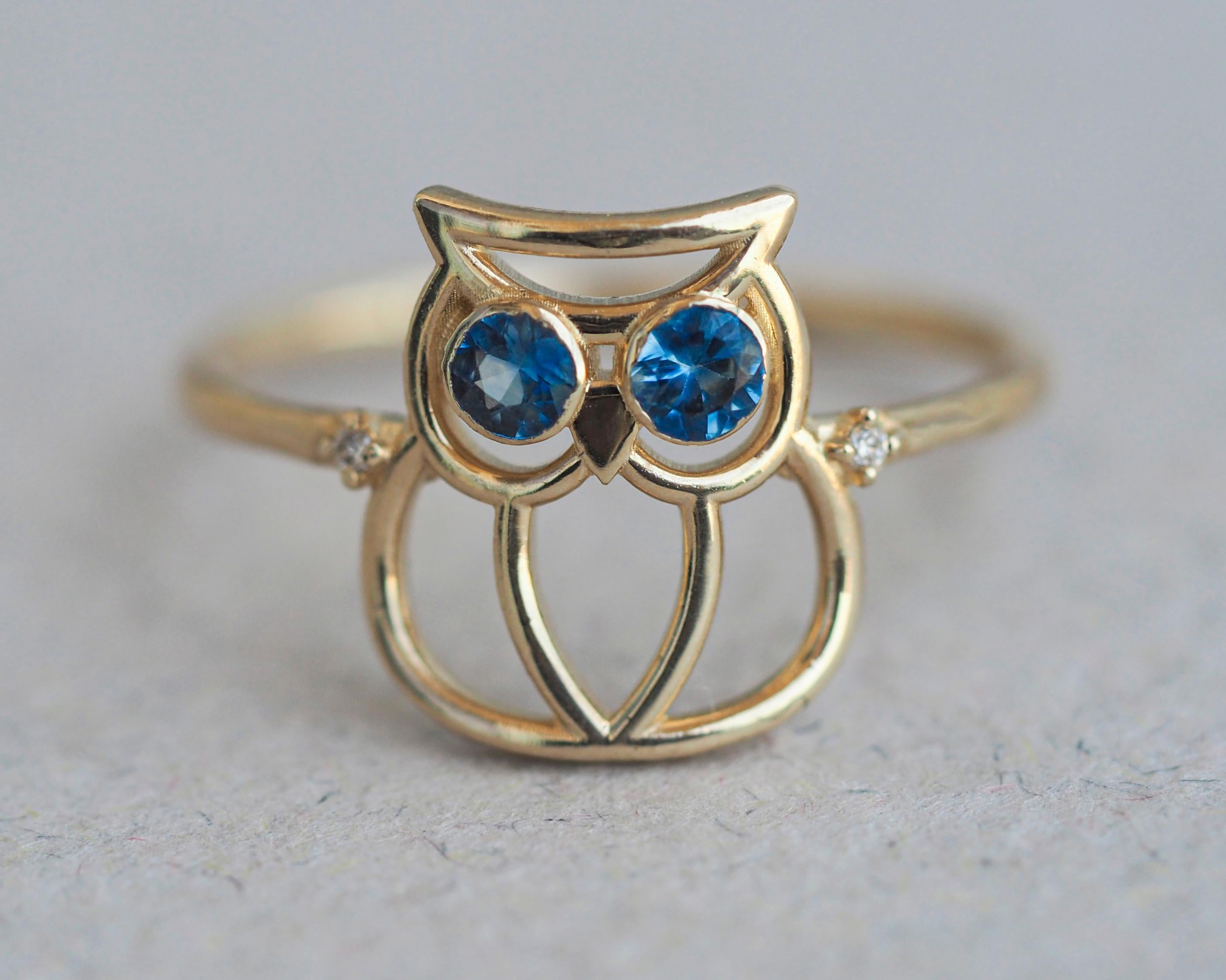 14k Gold Owl Ring with Tanzanite and Diamonds In New Condition In Istanbul, TR