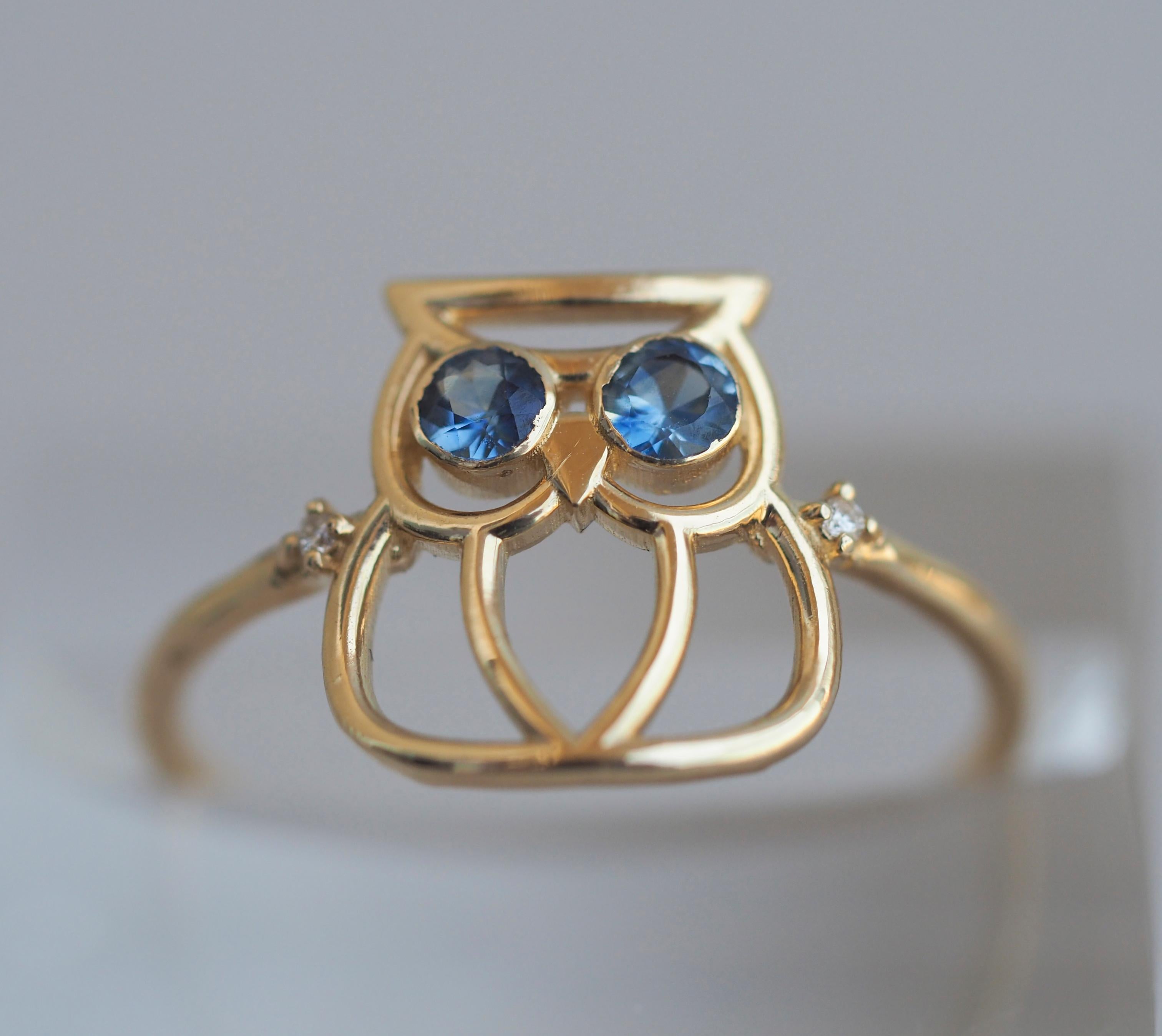 For Sale:  14k Gold Owl Ring with Tanzanite and Diamonds 8