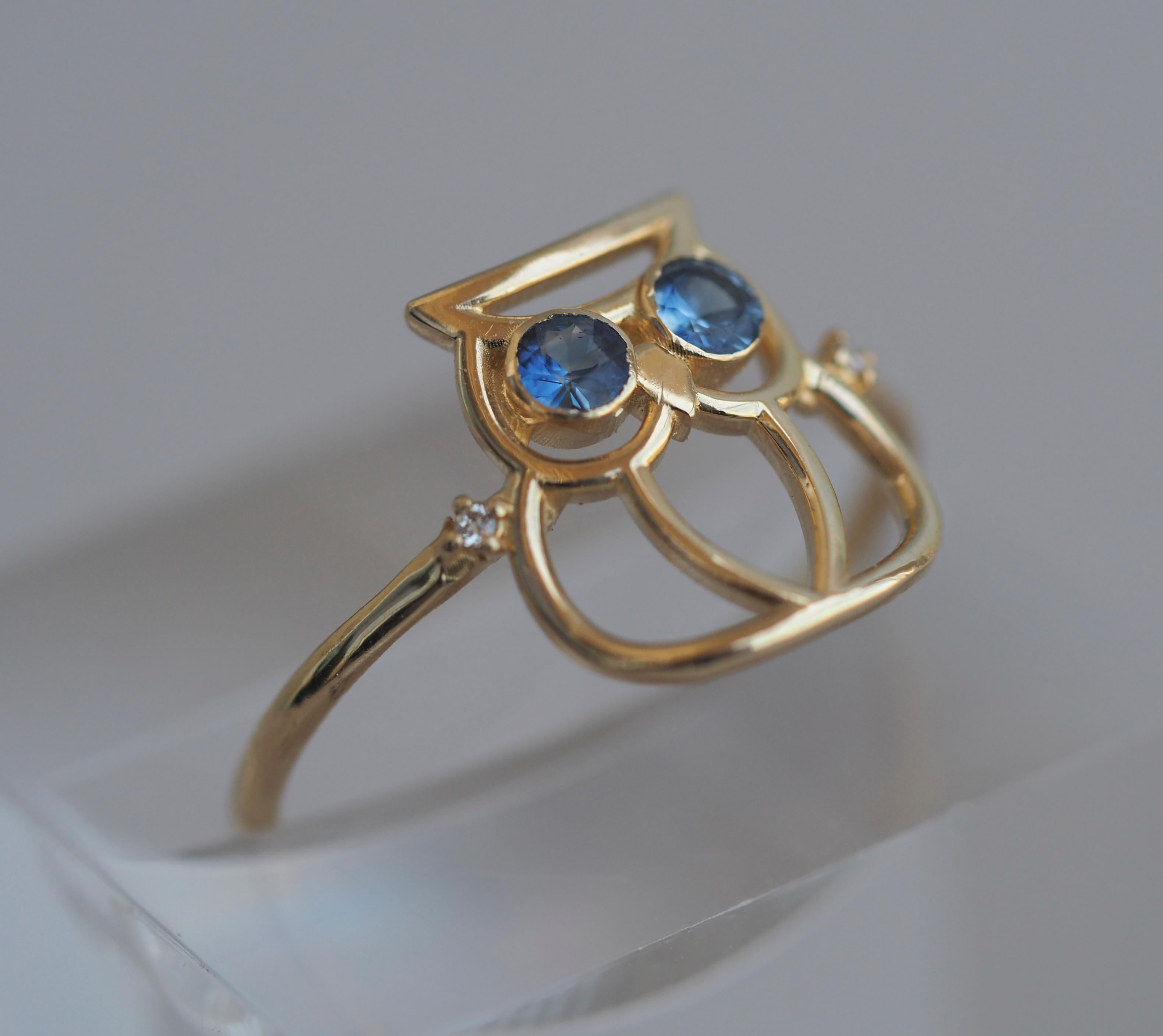 For Sale:  14k Gold Owl Ring with Tanzanite and Diamonds 9