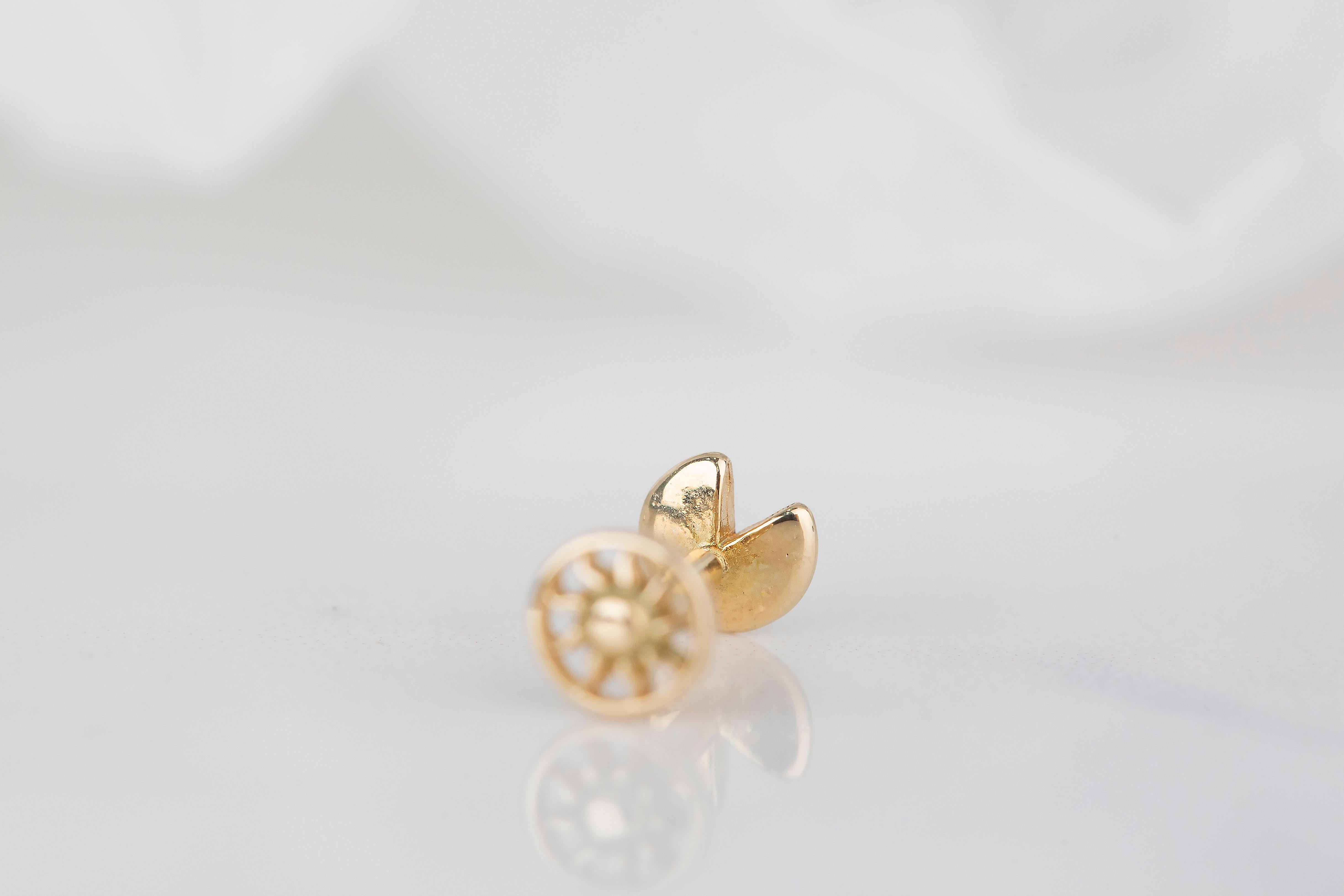 Women's 14K Gold Pac Man Piercing, Smiley Face Gold Stud Earring For Sale