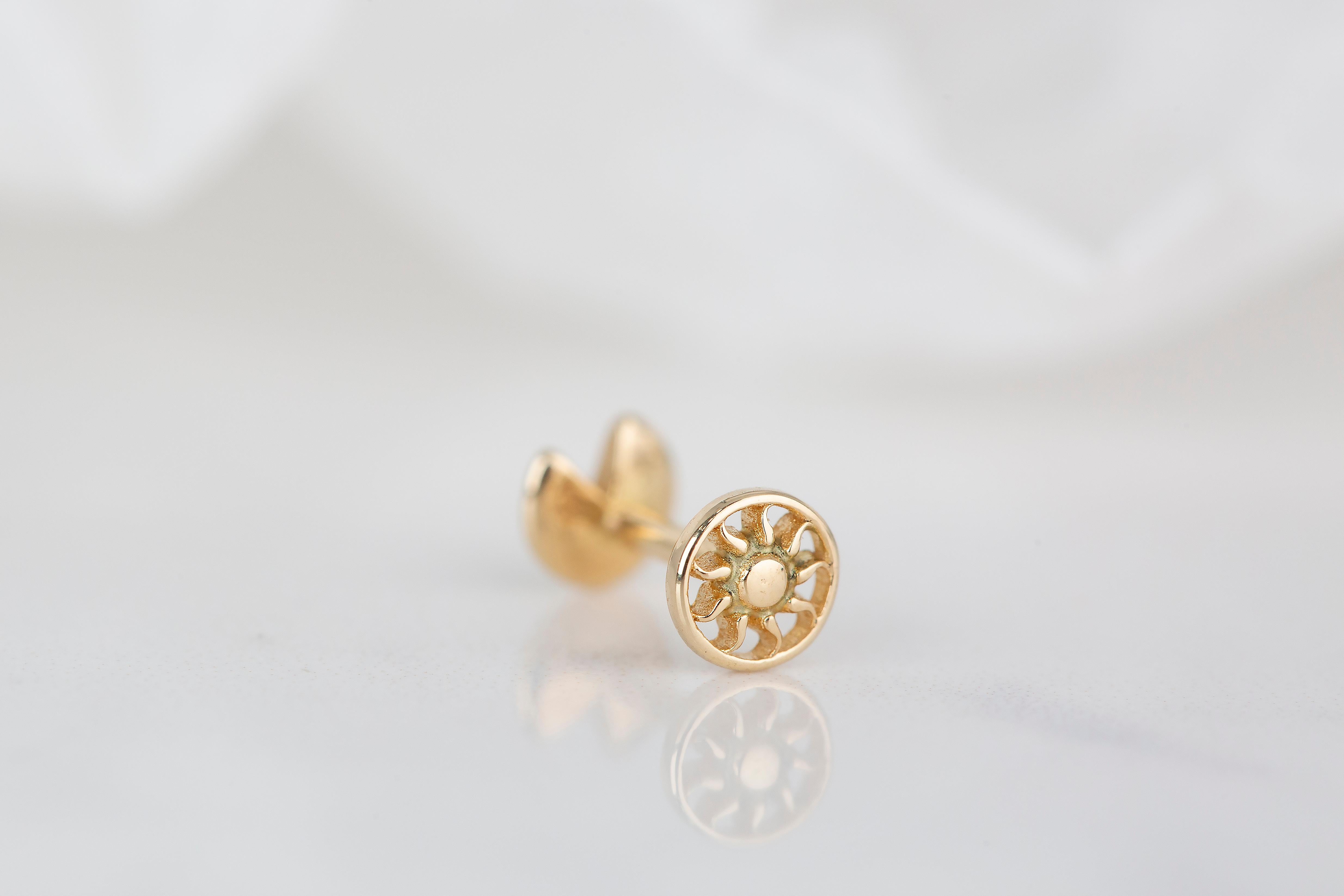 14K Gold Pac Man Piercing, Smiley Face Gold Stud Earring For Sale 1