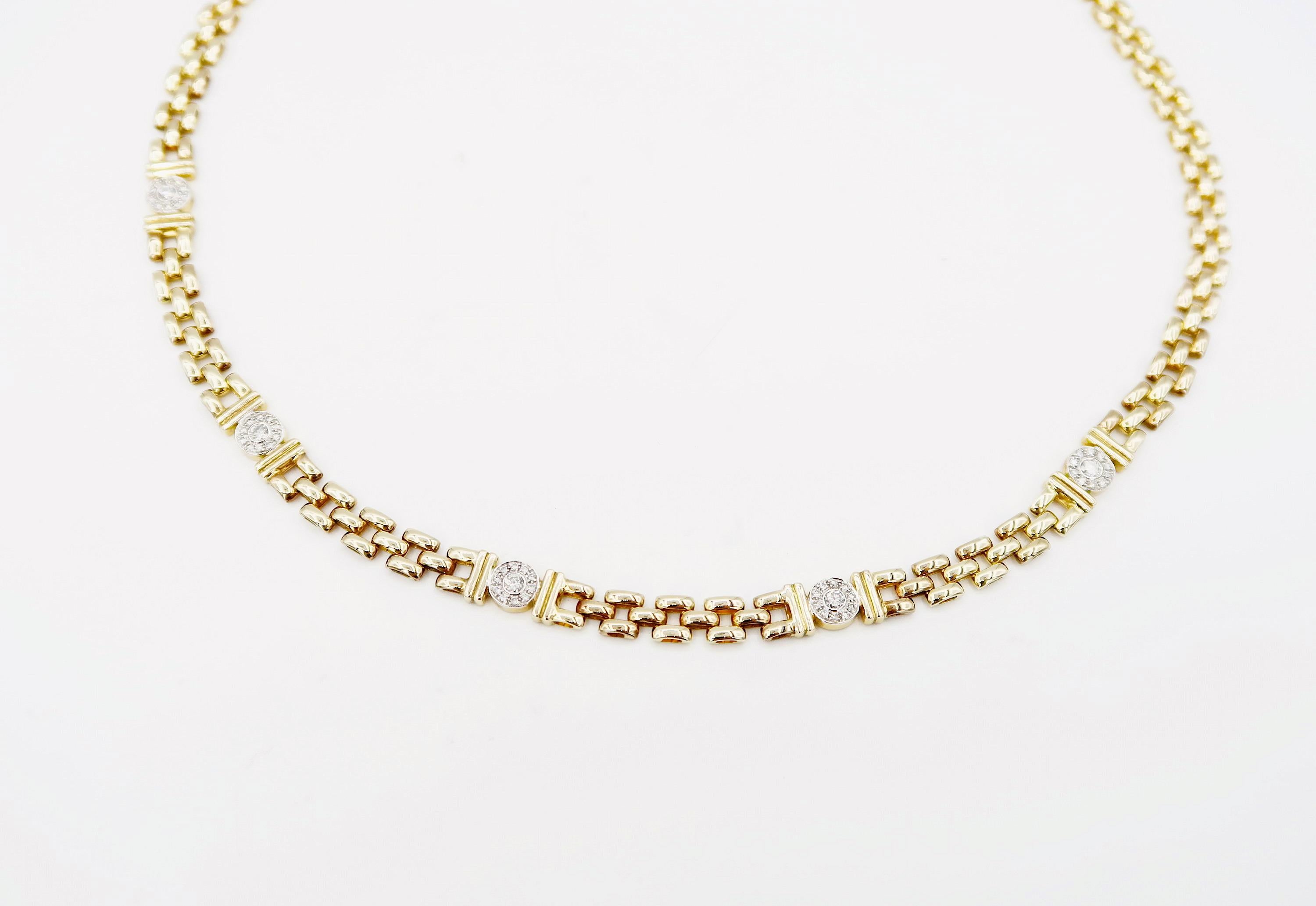 Brilliant Cut 14K Gold Panther Link Necklace with Bezel Halo Diamond Motifs For Sale