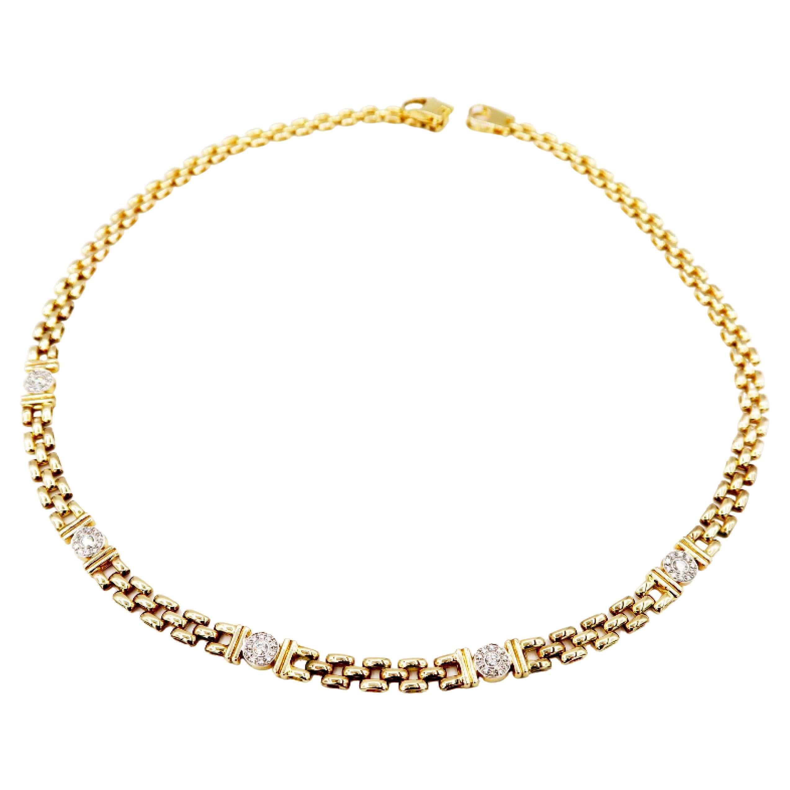 14K Gold Panther Link Necklace with Bezel Halo Diamond Motifs For Sale