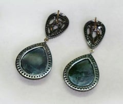 14k Gold Pave Diamond Black Spinel Dangle Earring 925 Silver Handmade
